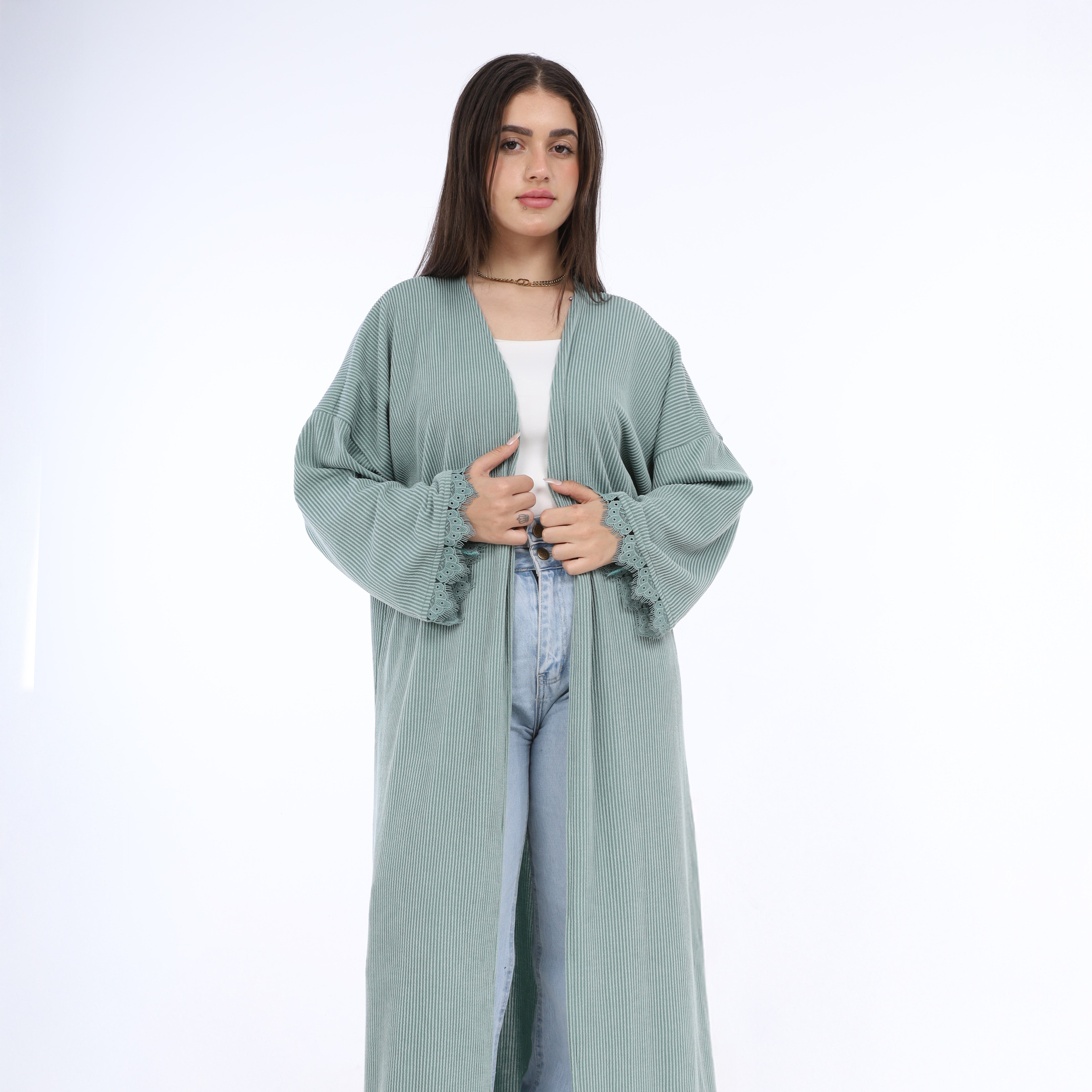 Long Ribbed Cardigan with Lace Sleeve Details 2001/007