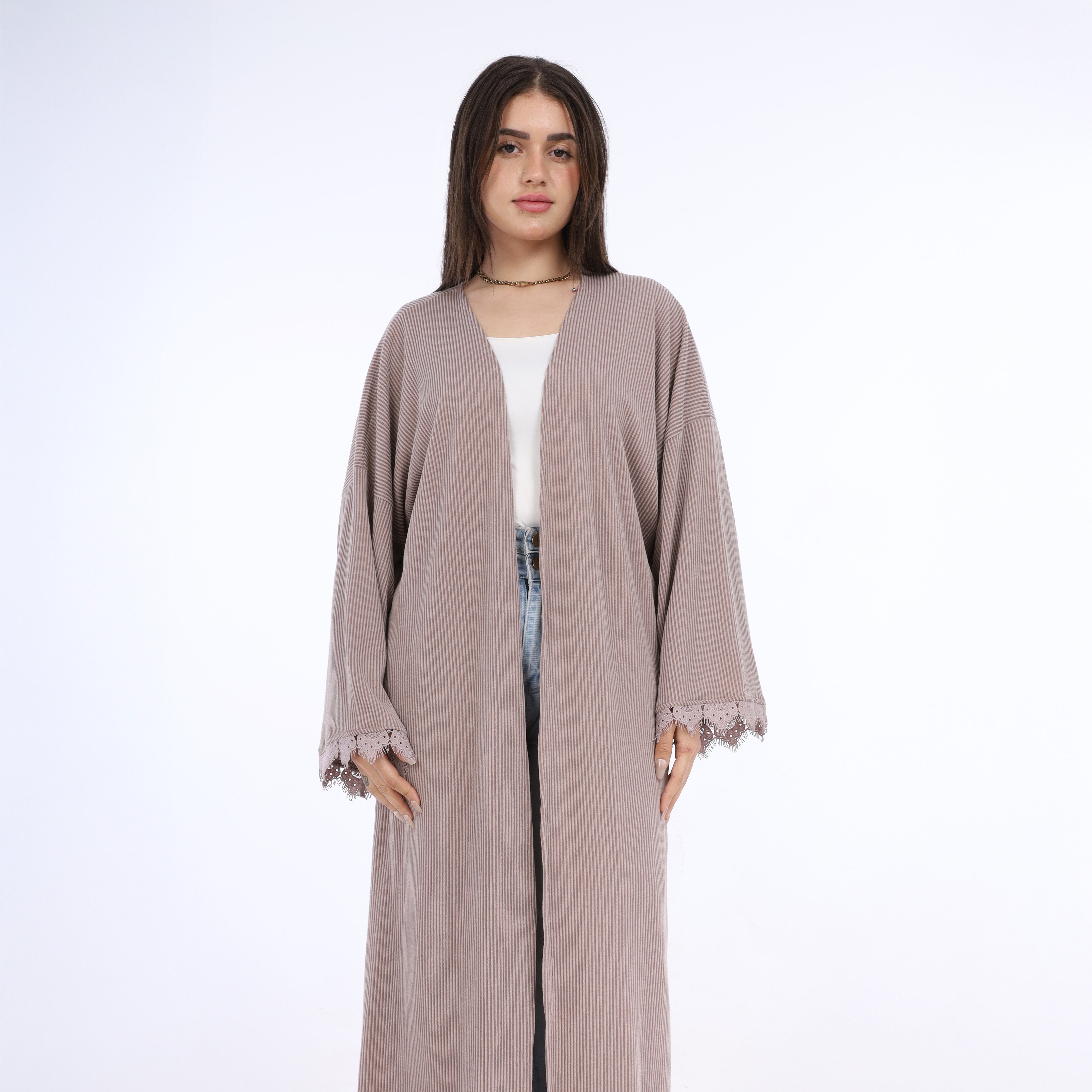 Long Ribbed Cardigan with Lace Sleeve Details 2001/007