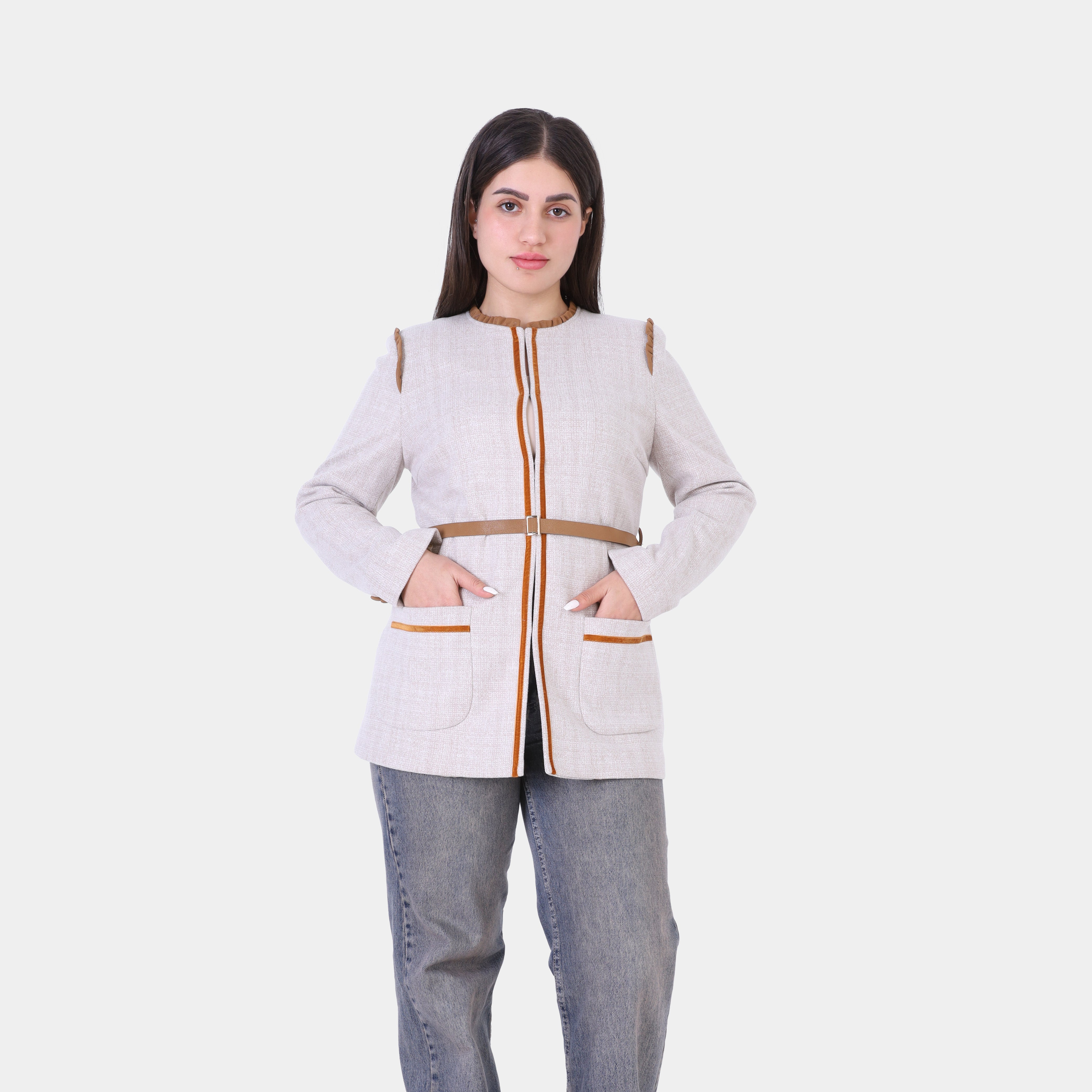 Belted Zip-Up Blazer with Contrast Trim w1629/194