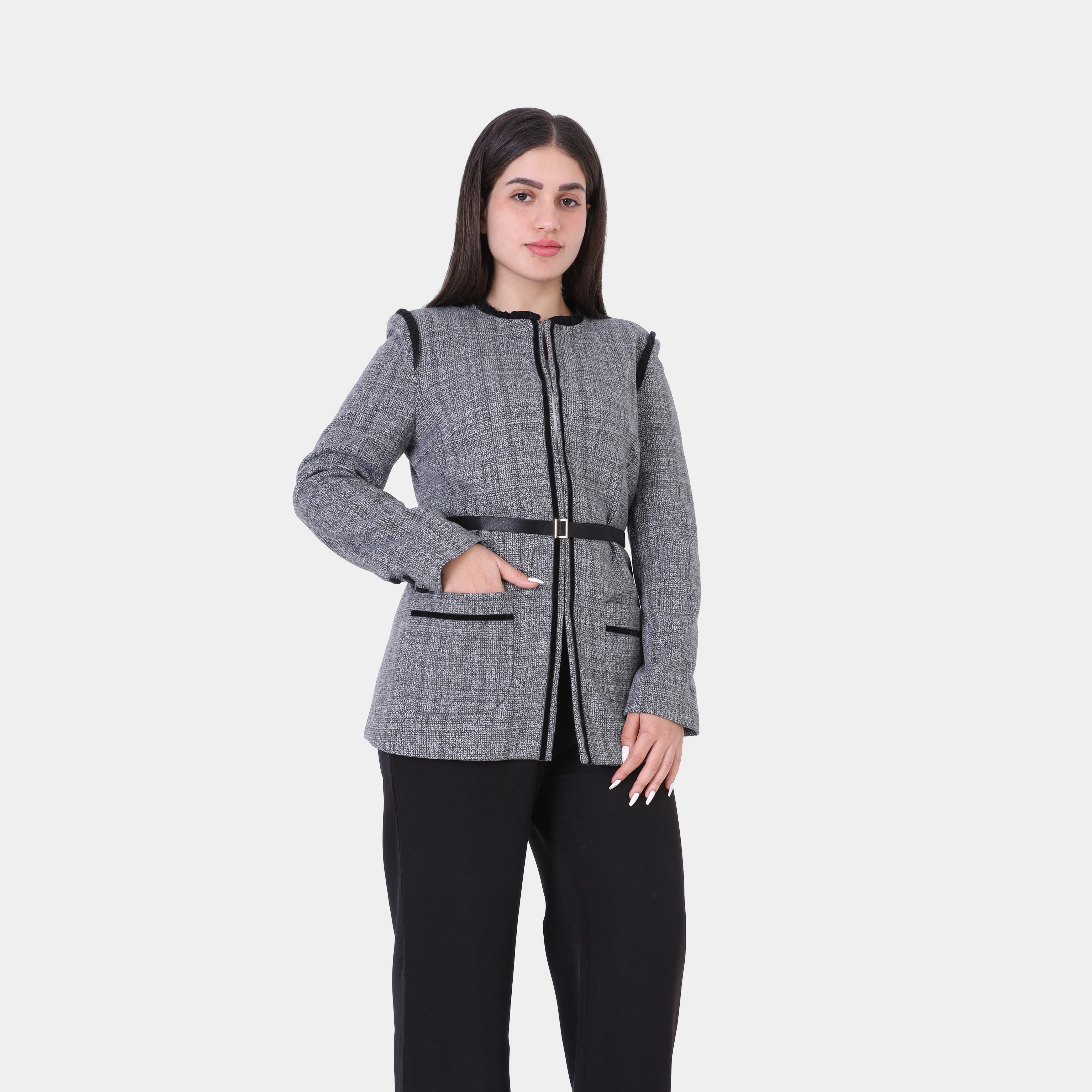 Belted Zip-Up Blazer with Contrast Trim w1629/194