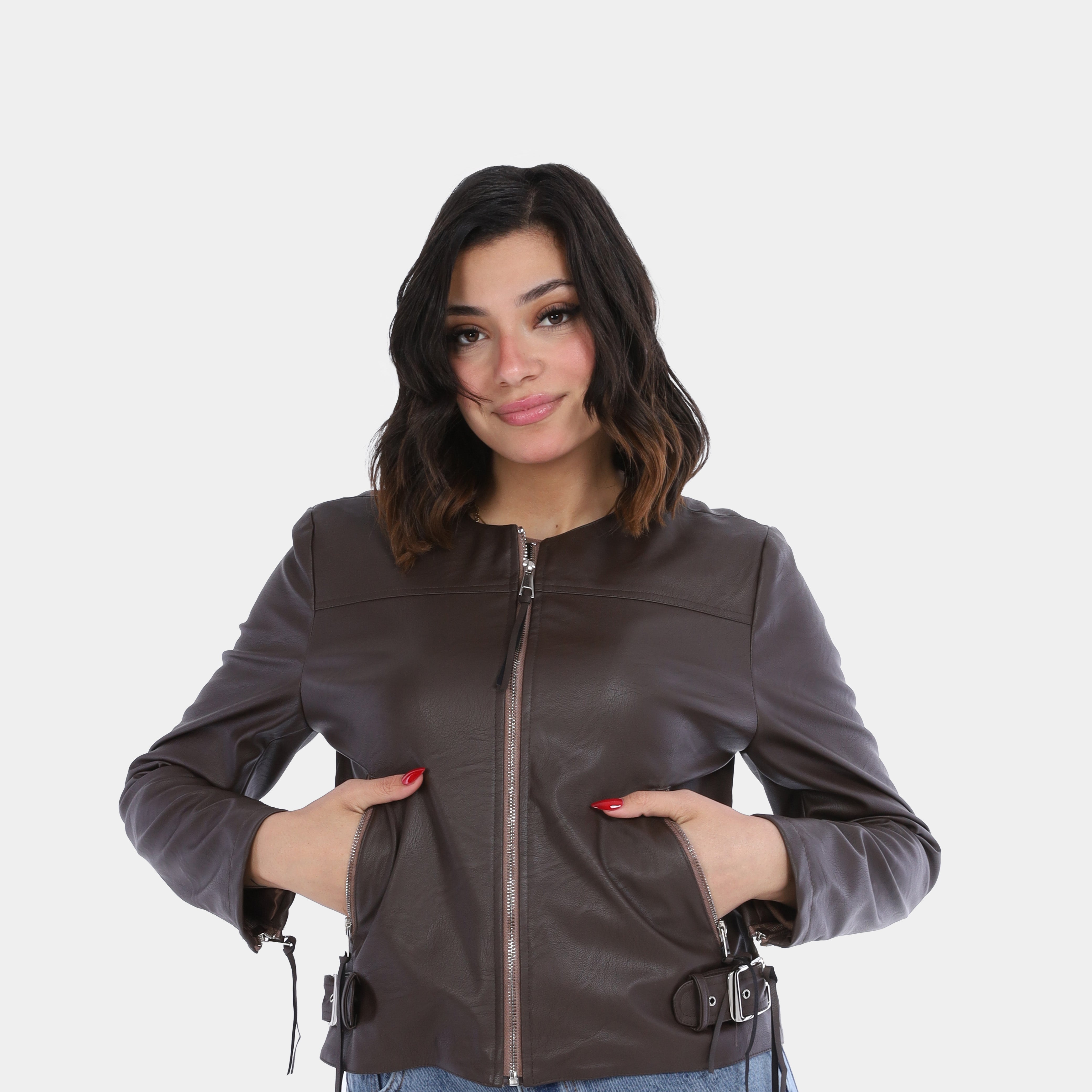 Leather Jacket with Side Belt Details w1629/215