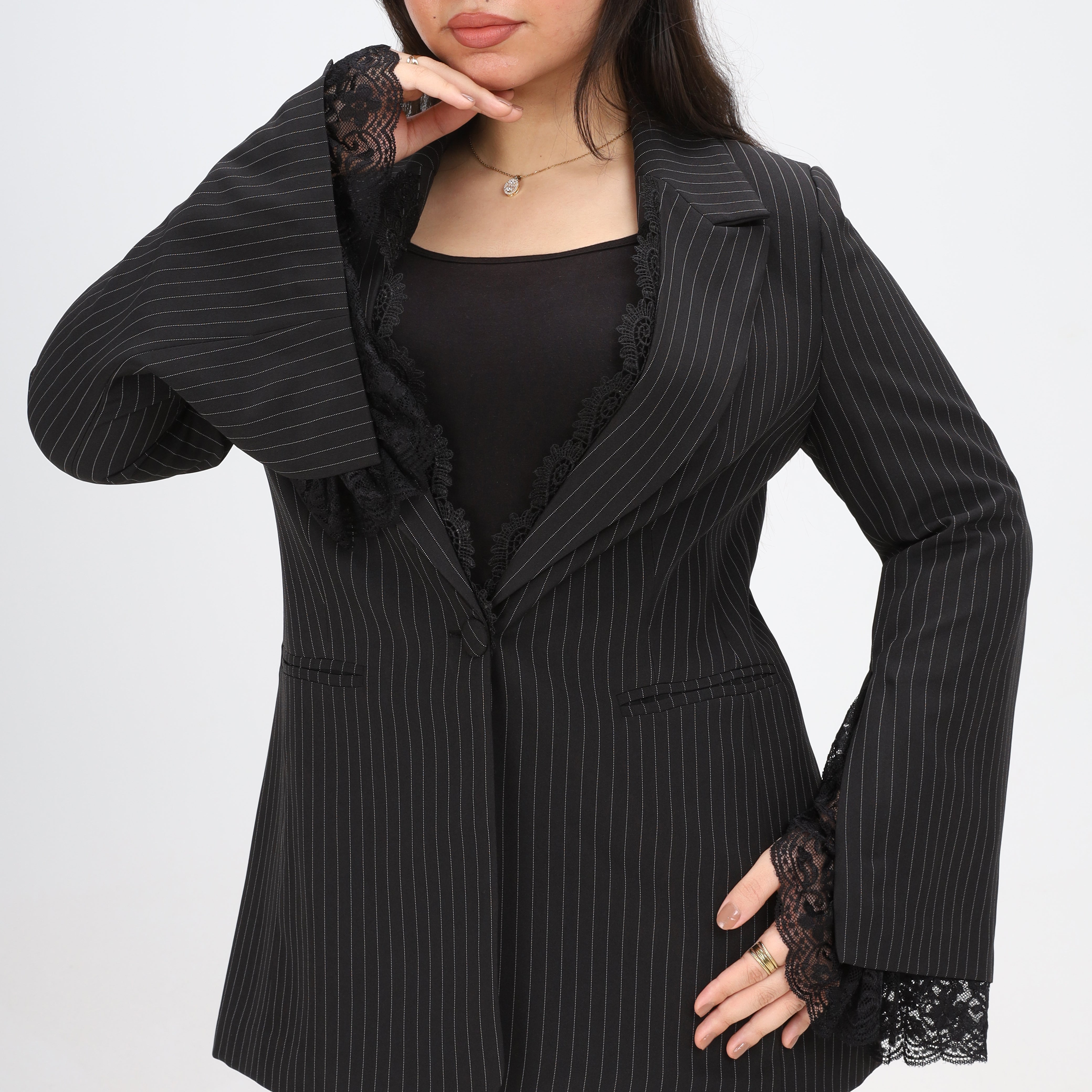 Pinstripe Lace Trim Blazer w162953