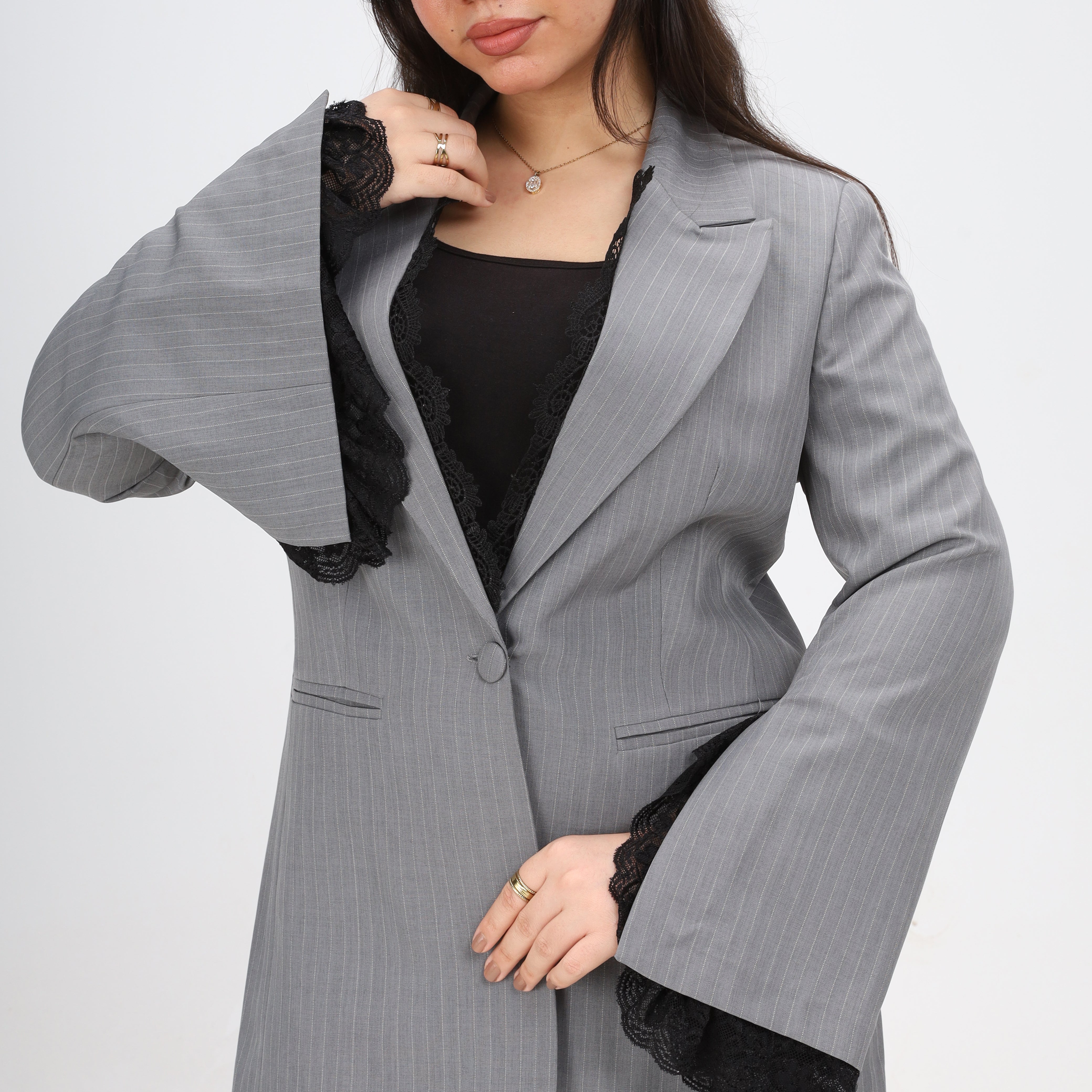 Pinstripe Lace Trim Blazer w162953