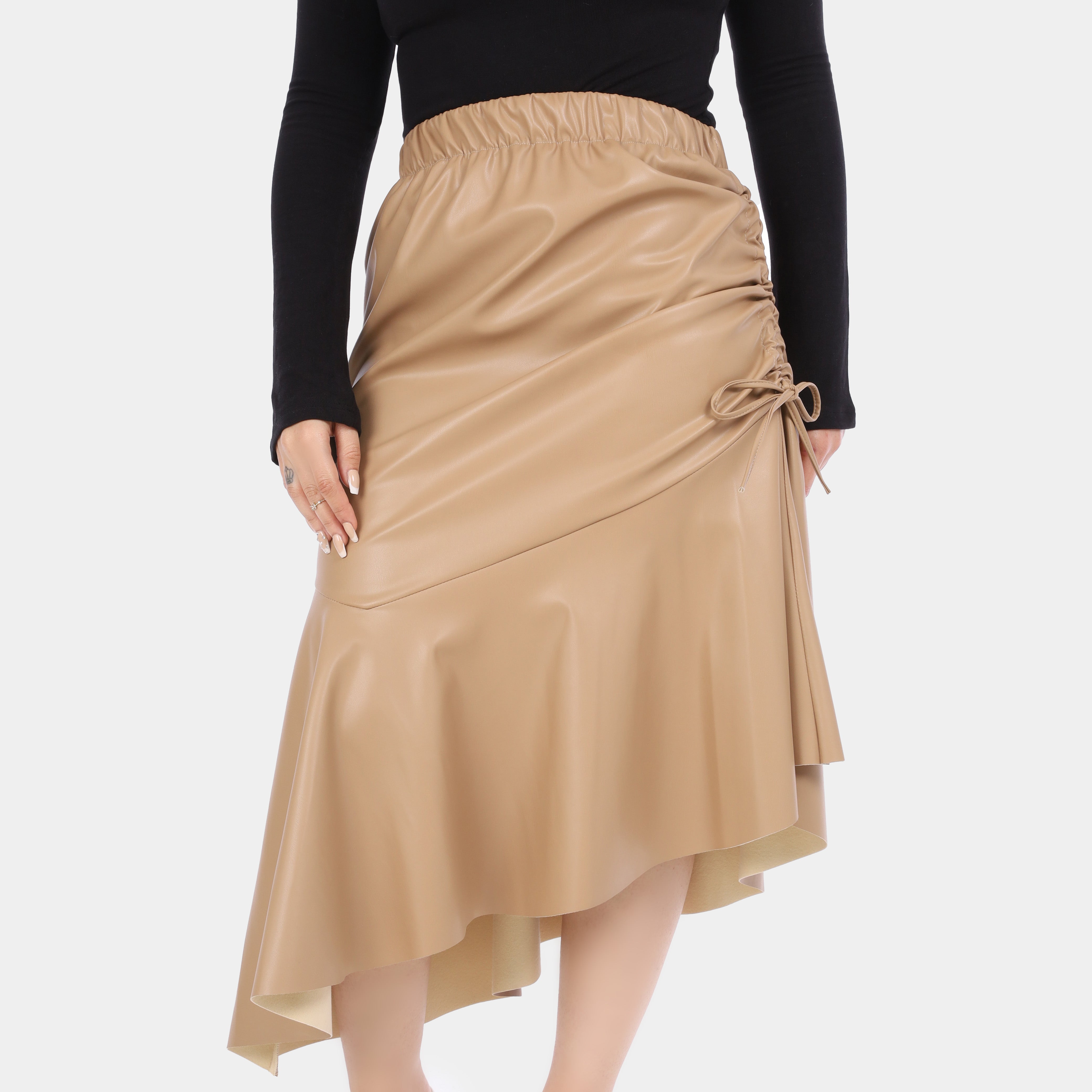 Asymmetrical Faux Leather Skirt with Side Elastic w1630/177