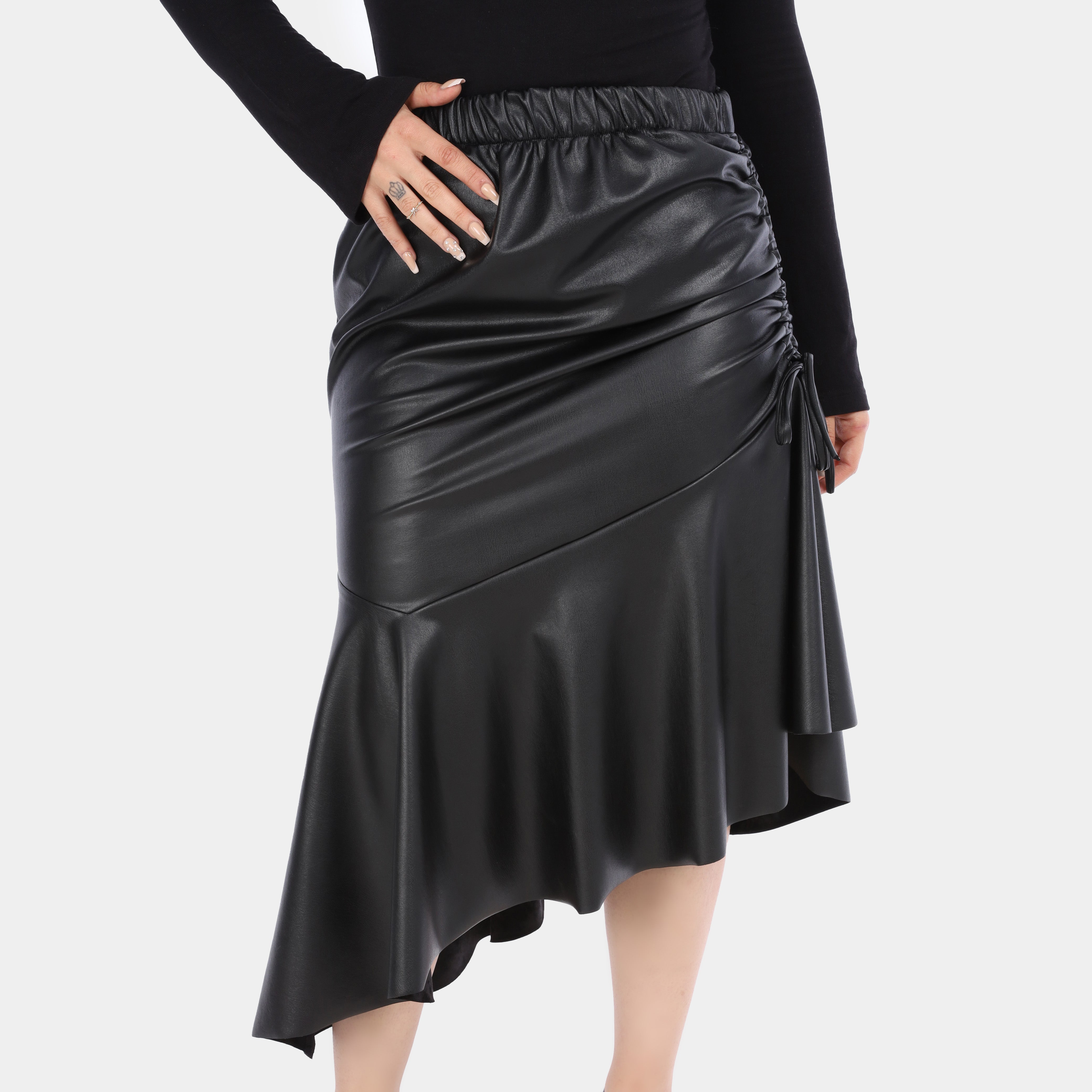 Asymmetrical Faux Leather Skirt with Side Elastic w1630/177