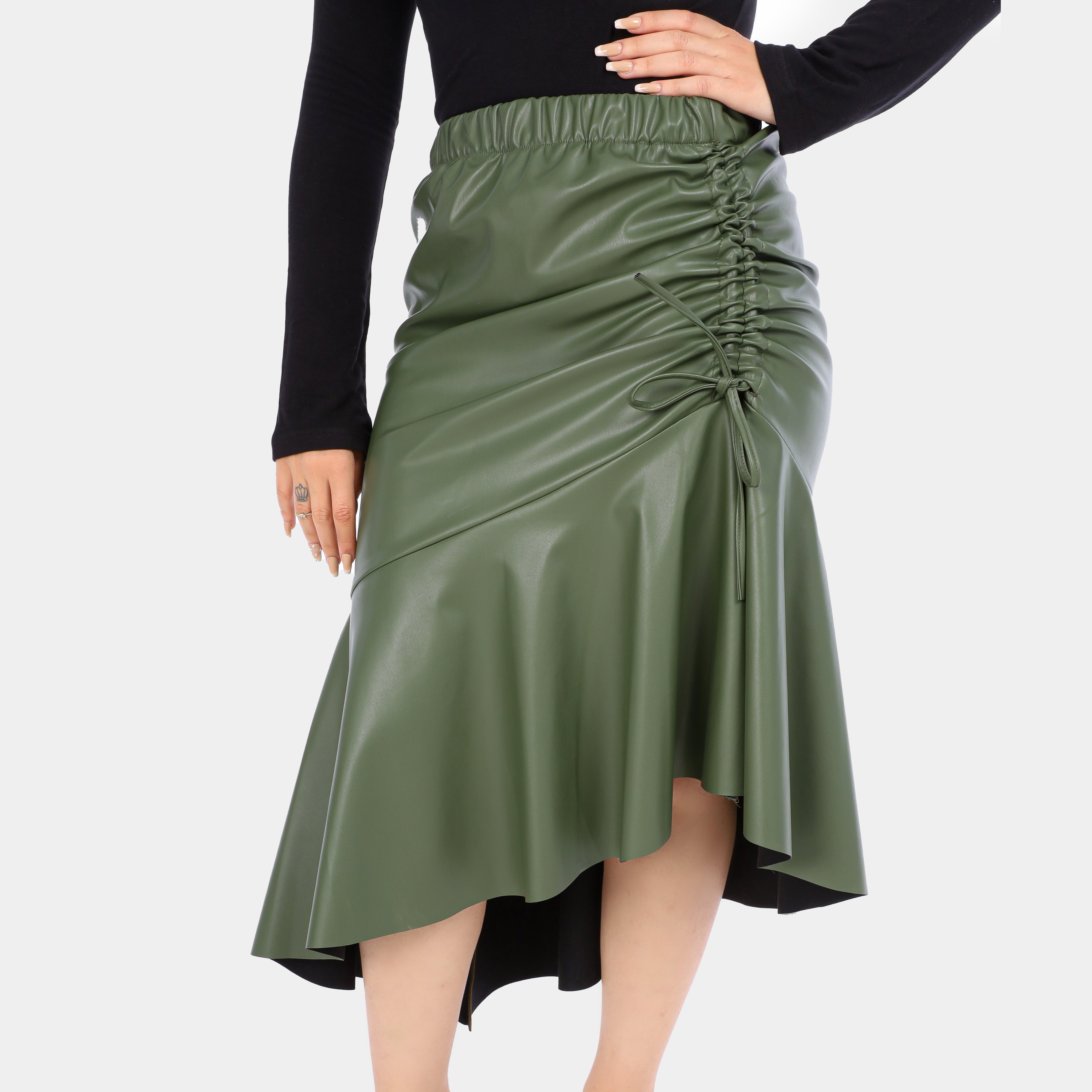 Asymmetrical Faux Leather Skirt with Side Elastic w1630/177