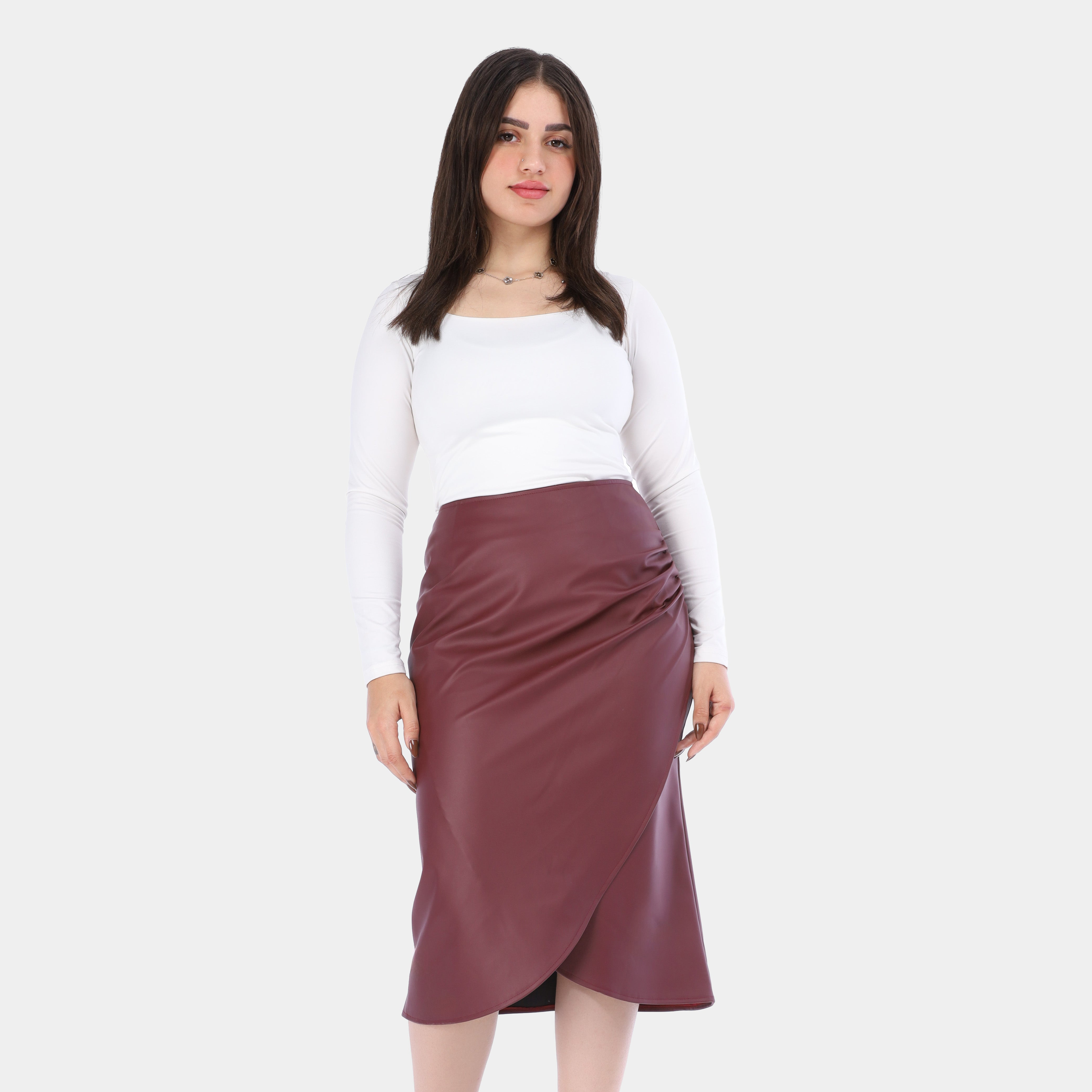 Wrap-Style Faux Leather Midi Skirt w1630/80