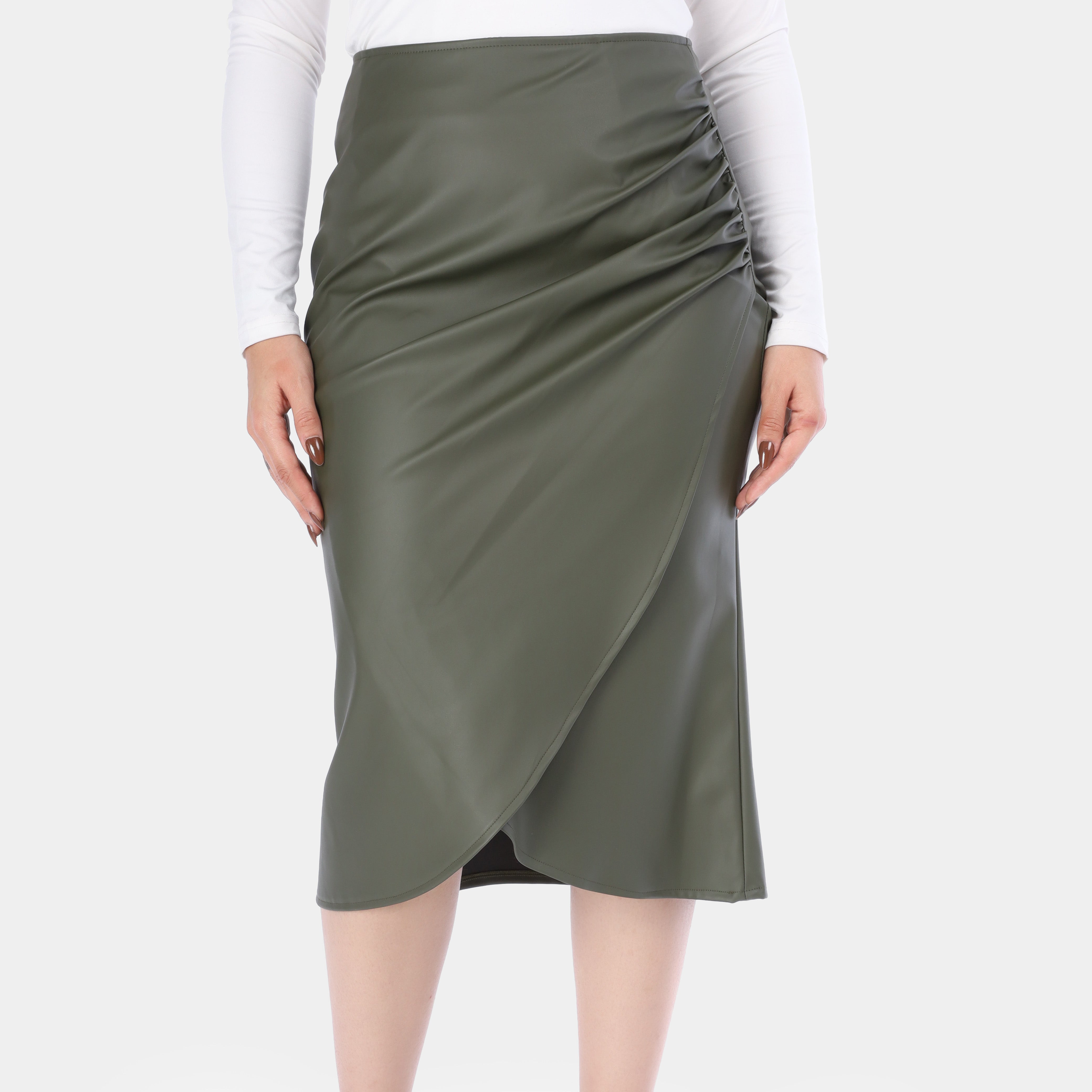Wrap-Style Faux Leather Midi Skirt w1630/80