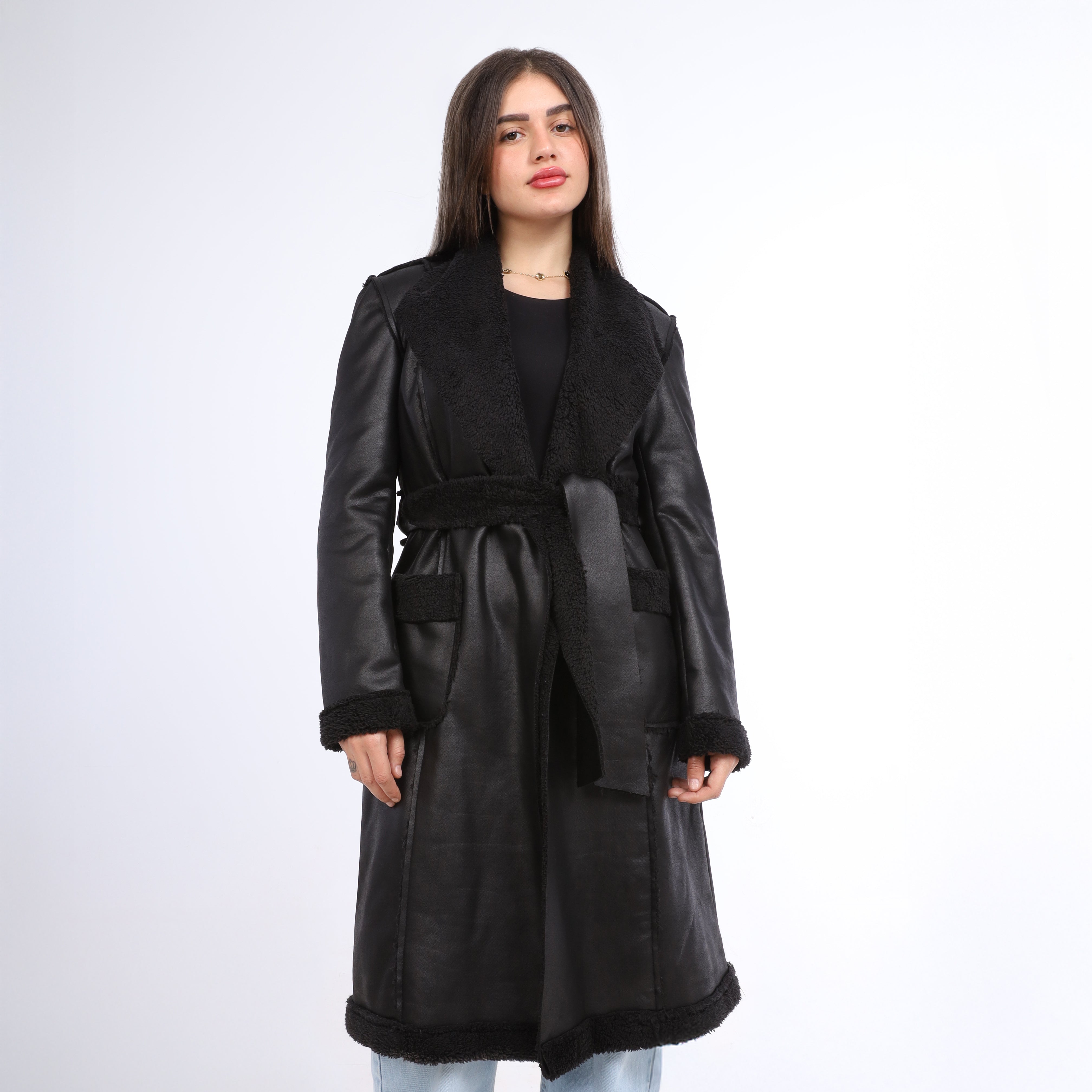 Long Faux Shearling Coat with Belt w1630172