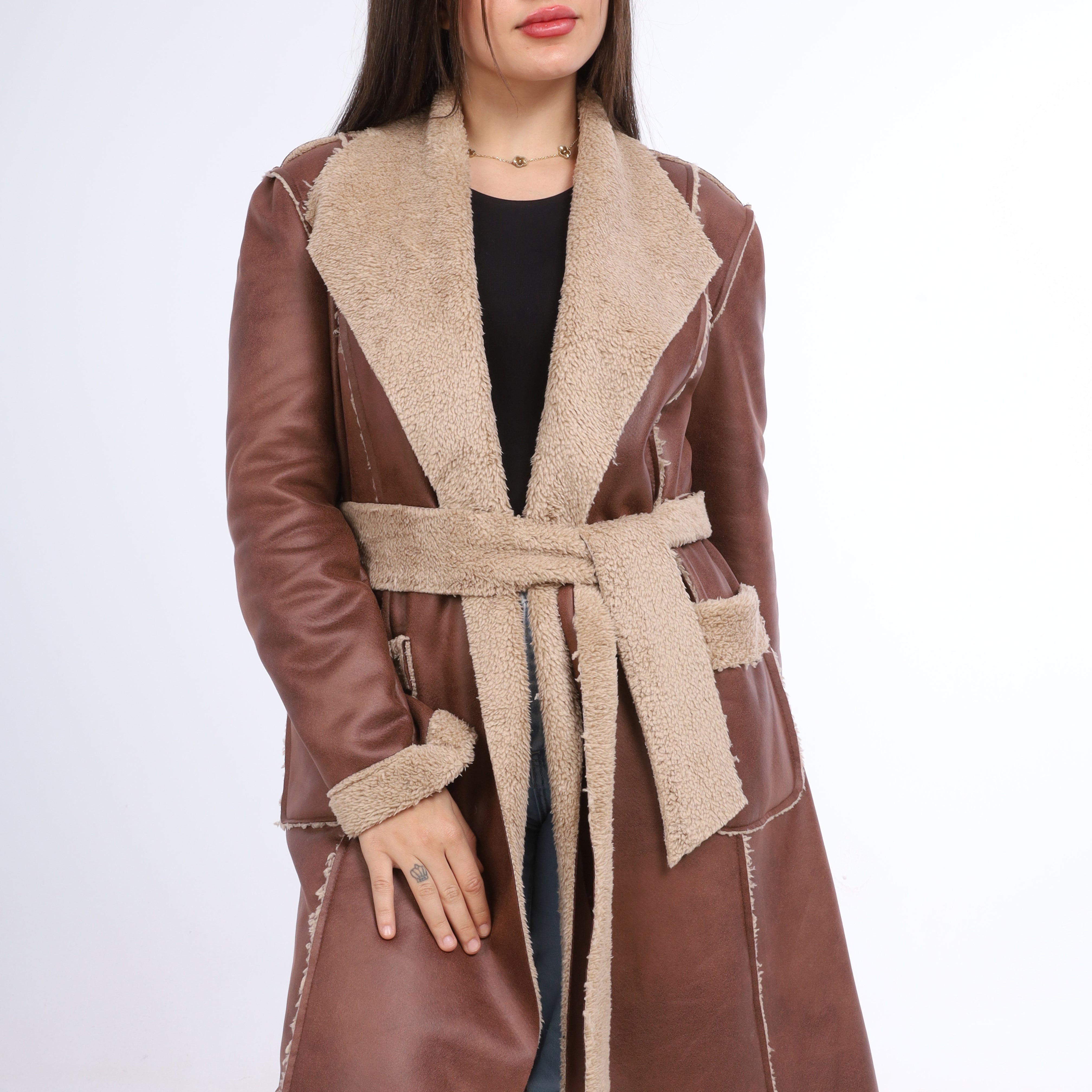 Long Faux Shearling Coat with Belt w1630172