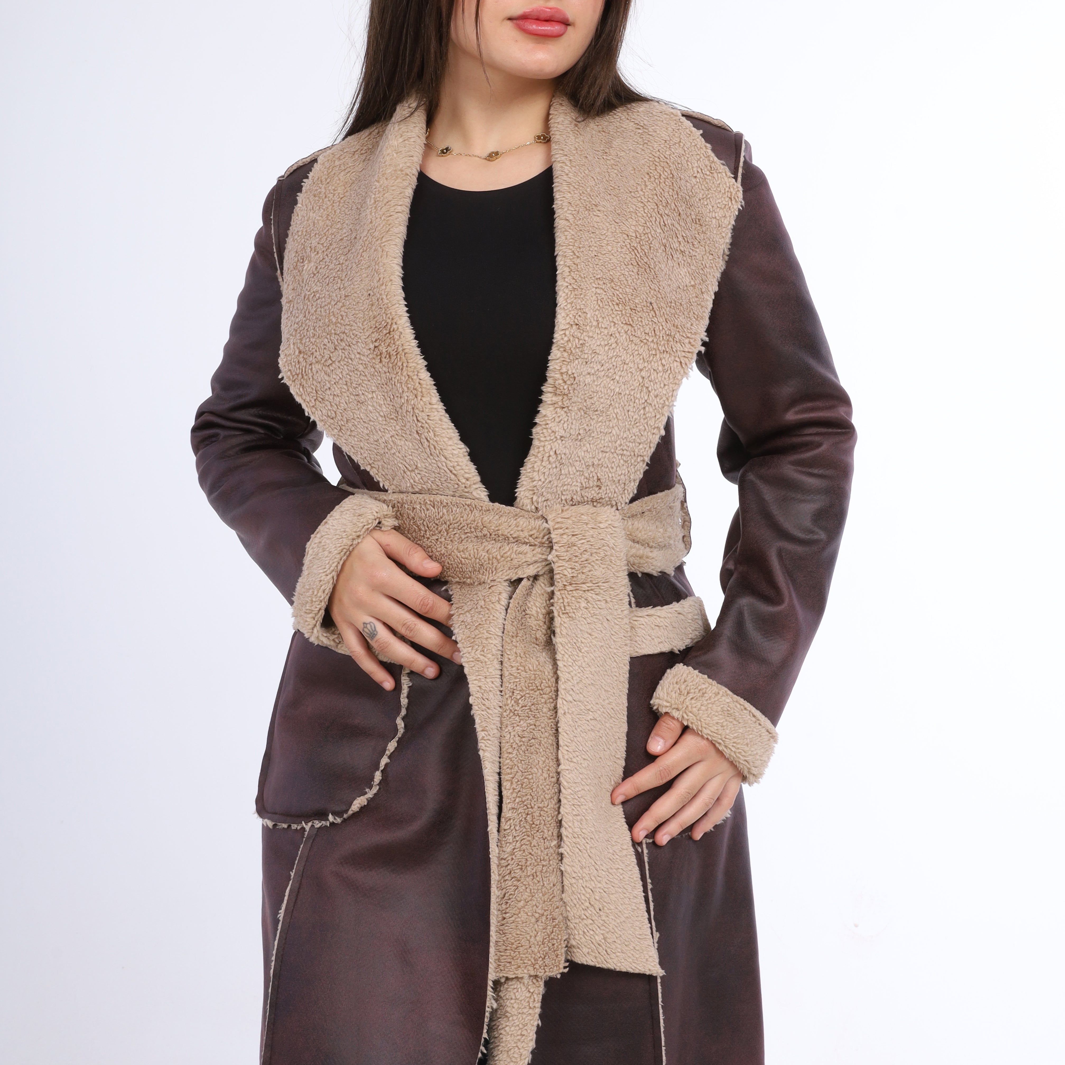 Long Faux Shearling Coat with Belt w1630172