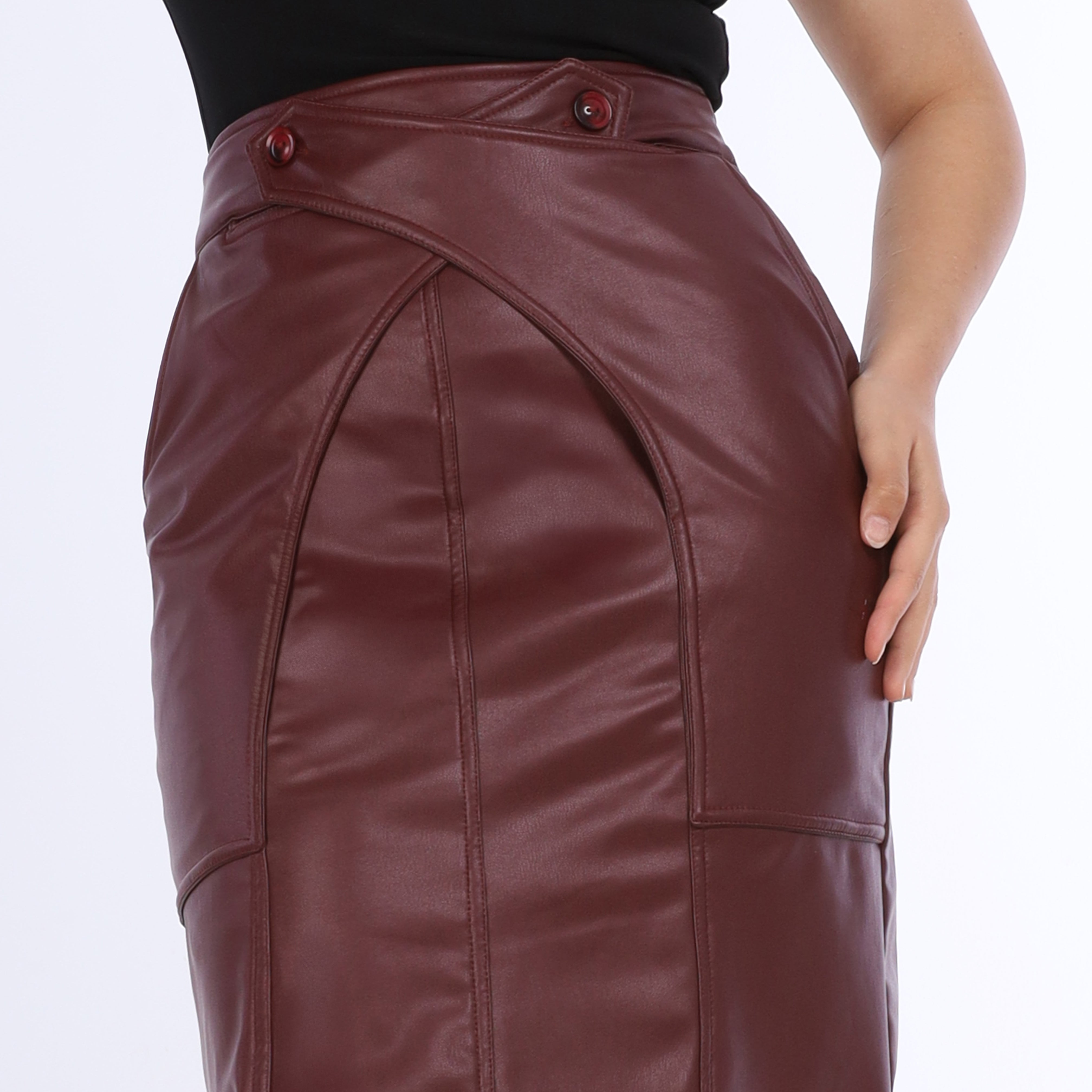 Faux Leather Midi Skirt with X-Button Detail w163040