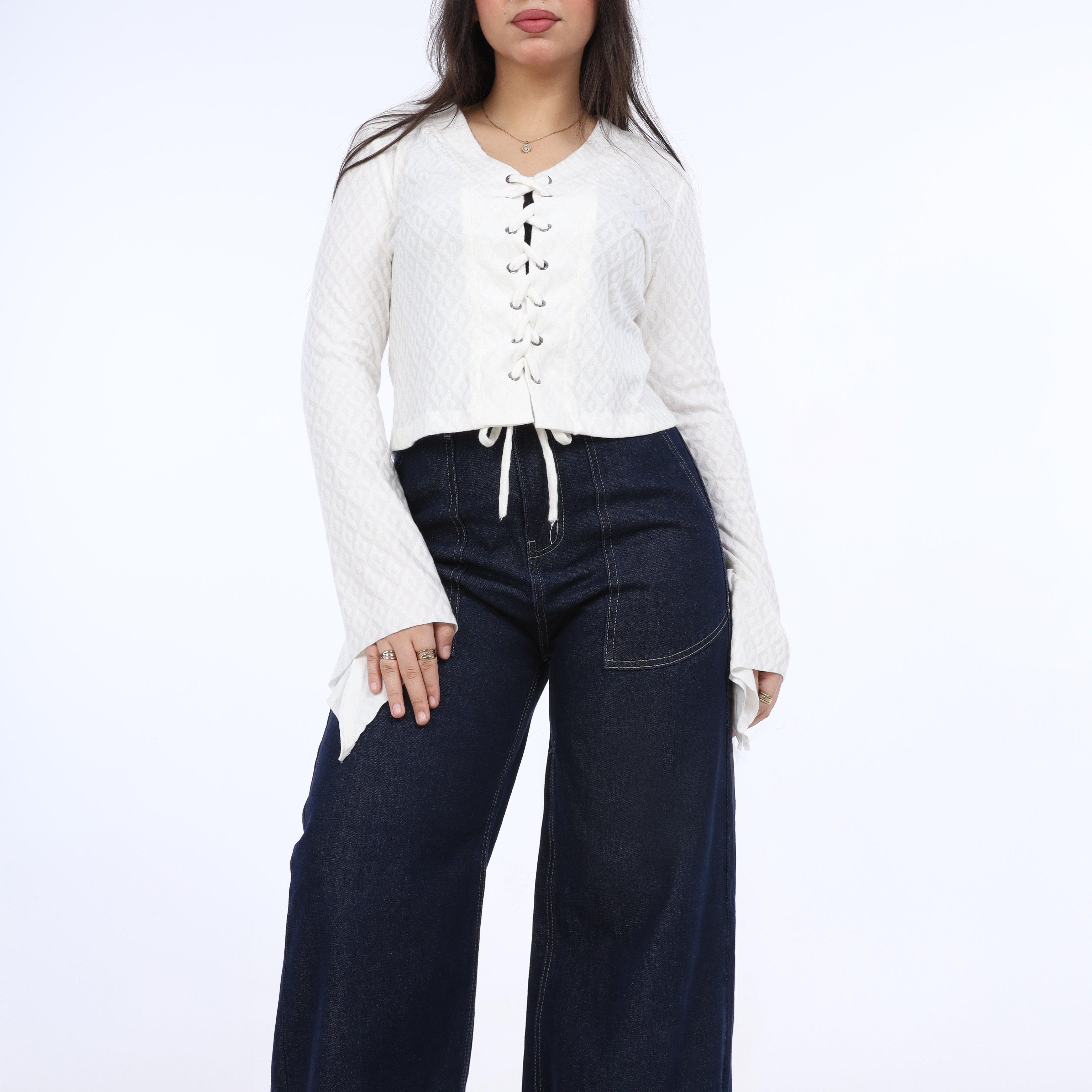 Ruffle Sleeve Top with Front Drawstring w163081/1