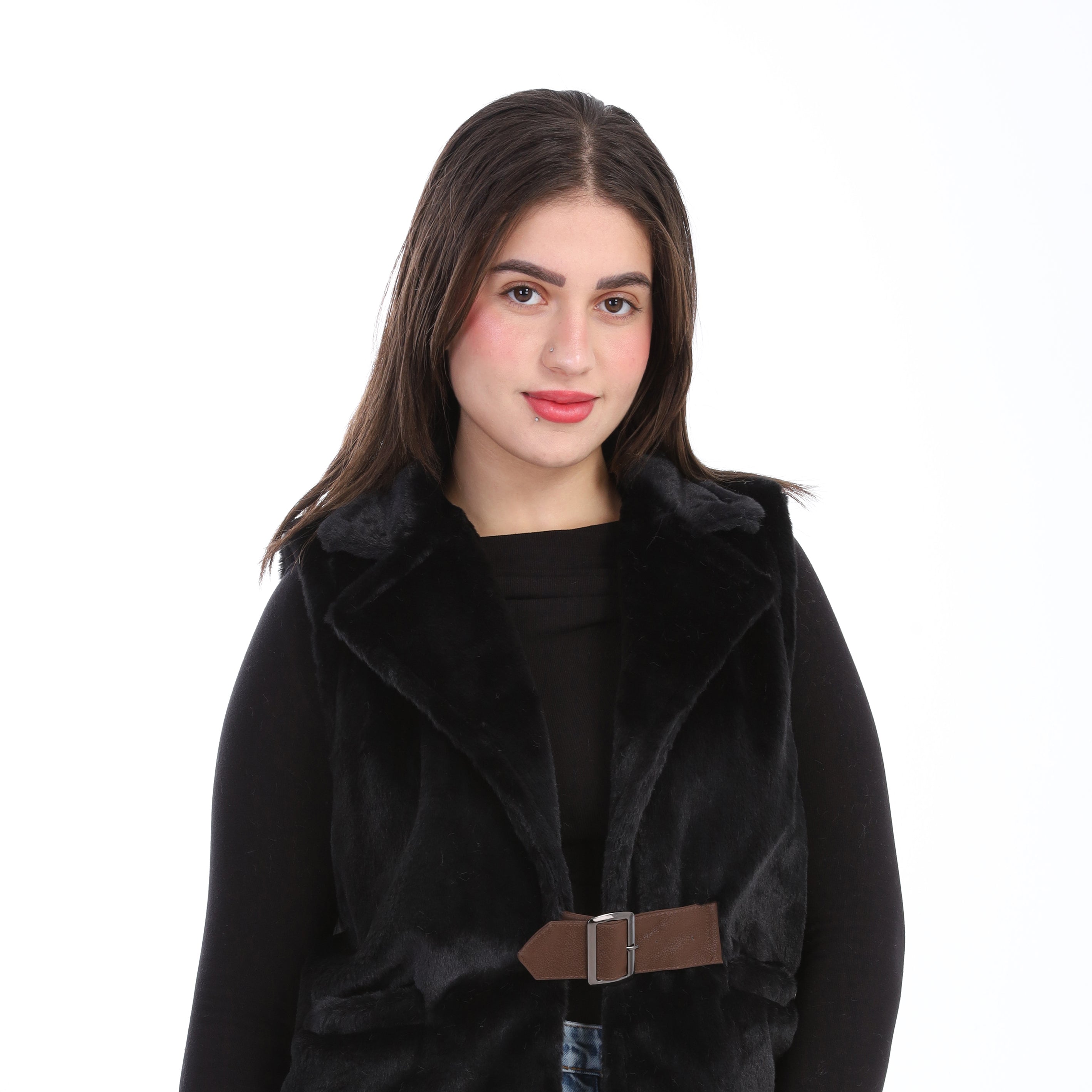 Faux Fur Jacket with Double-Side Belt Detail w1631/351