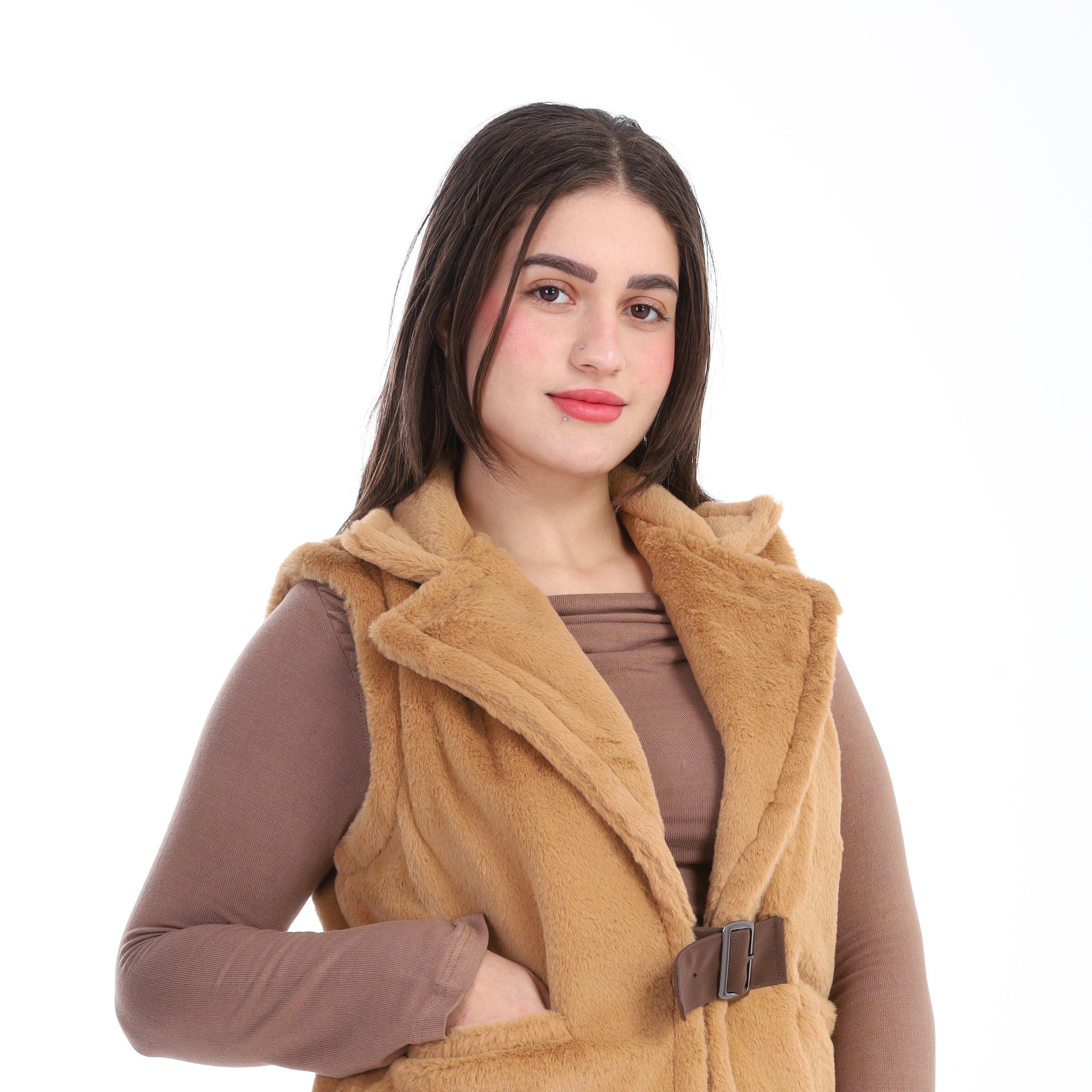 Faux Fur Jacket with Double-Side Belt Detail w1631/351