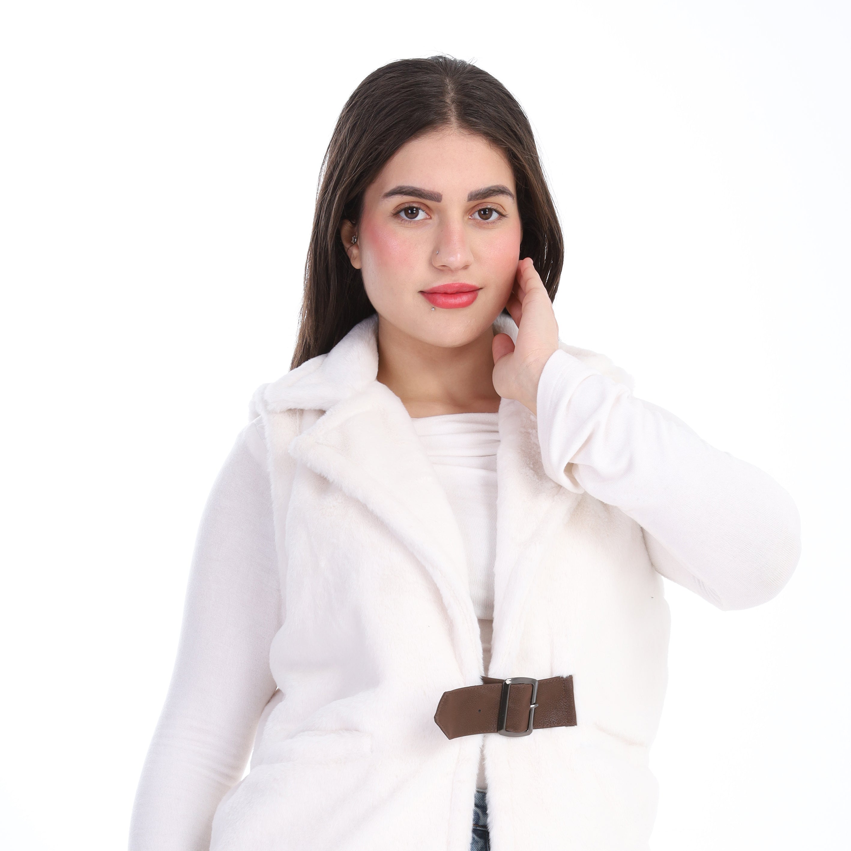 Faux Fur Jacket with Double-Side Belt Detail w1631/351