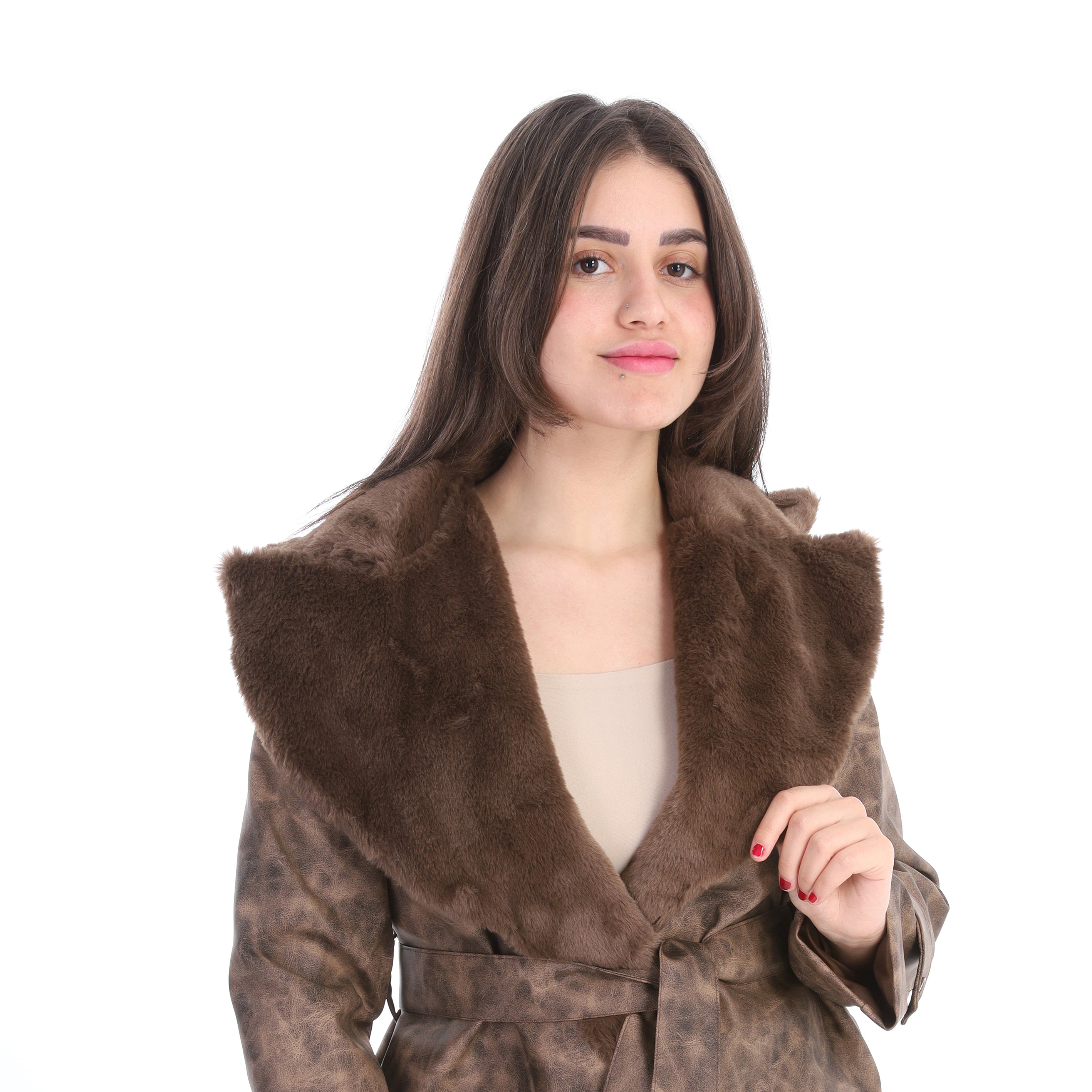 Leather Jacket with Wide Fur Collar w1631/371