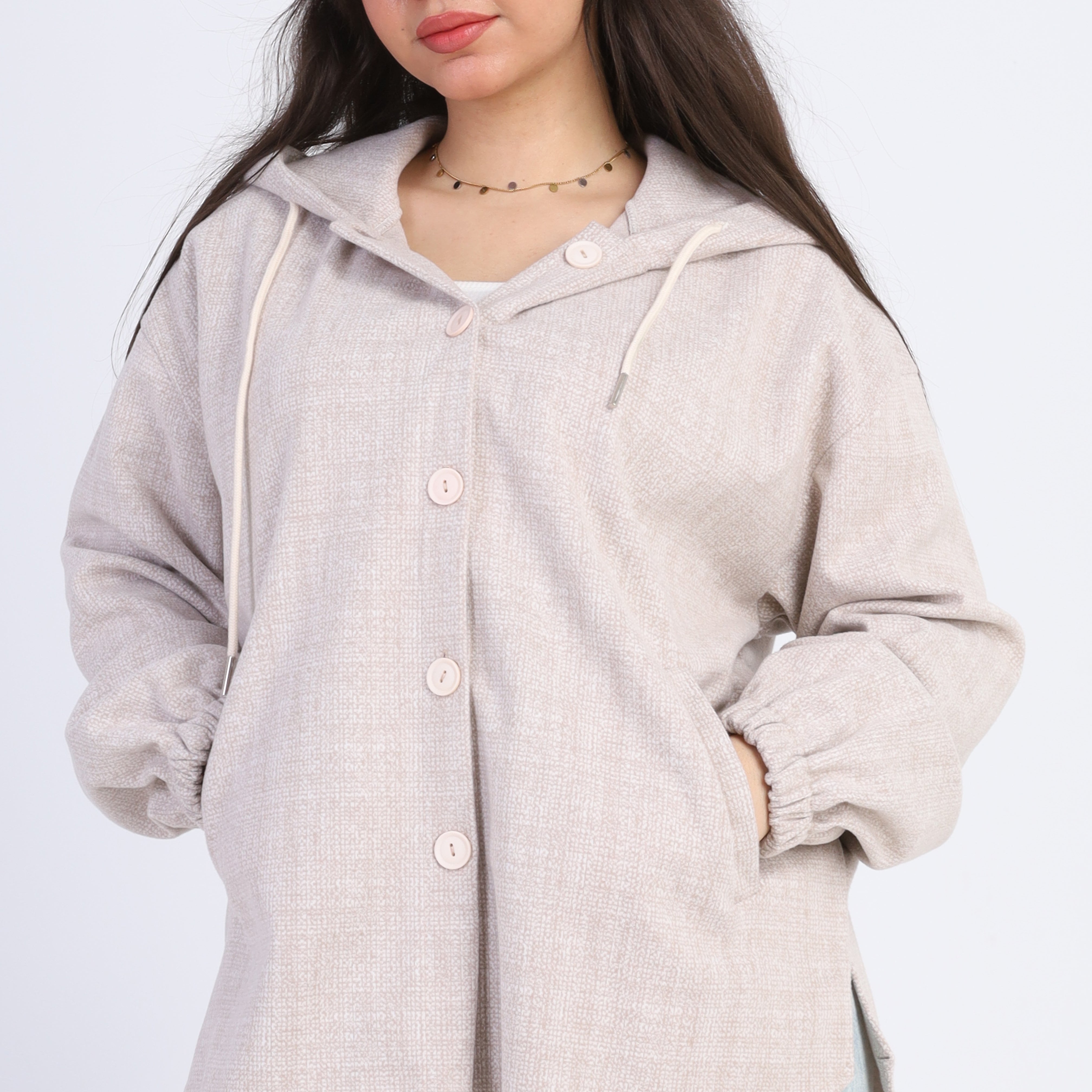 Textured Hooded Button-Up Shirt  w163118