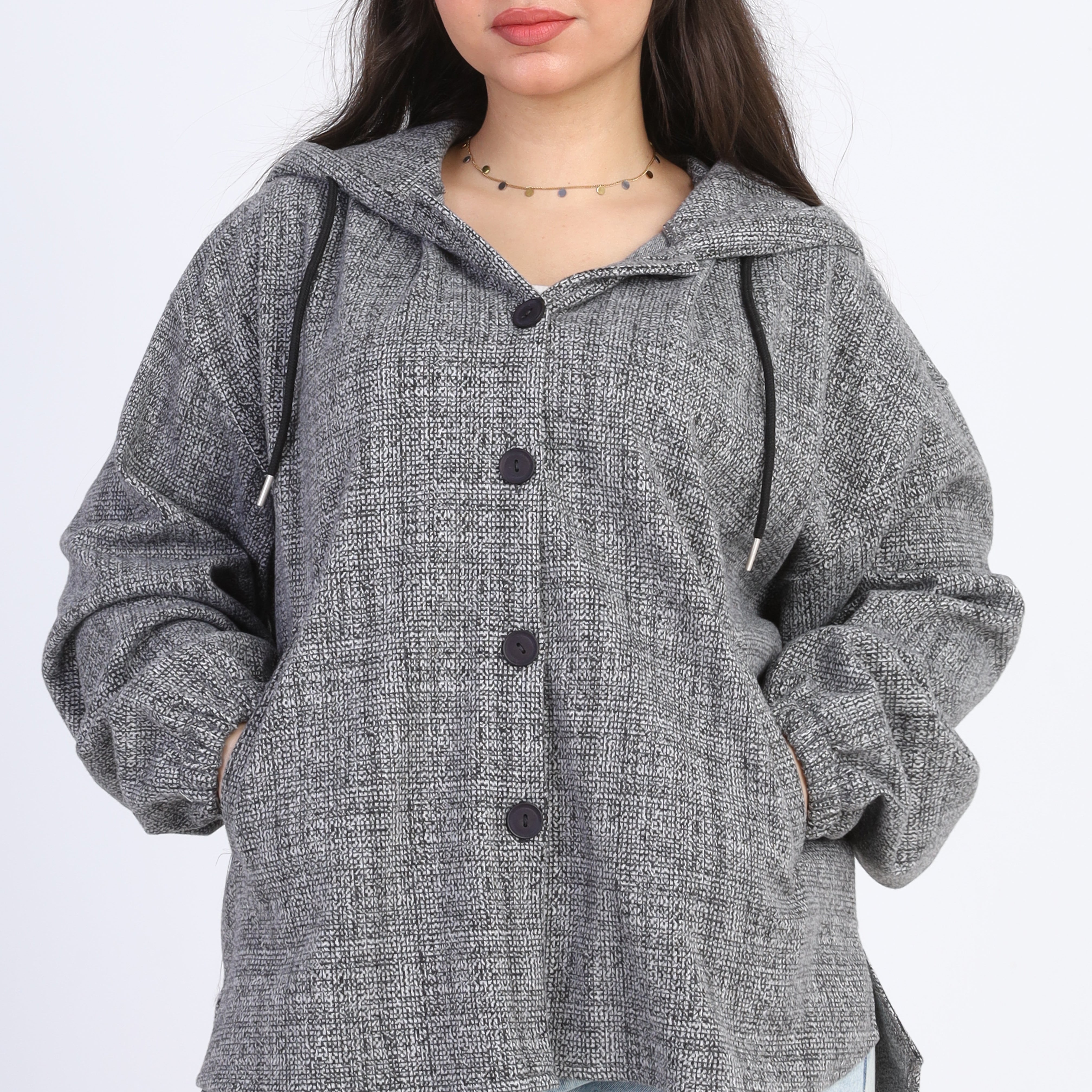Textured Hooded Button-Up Shirt  w163118