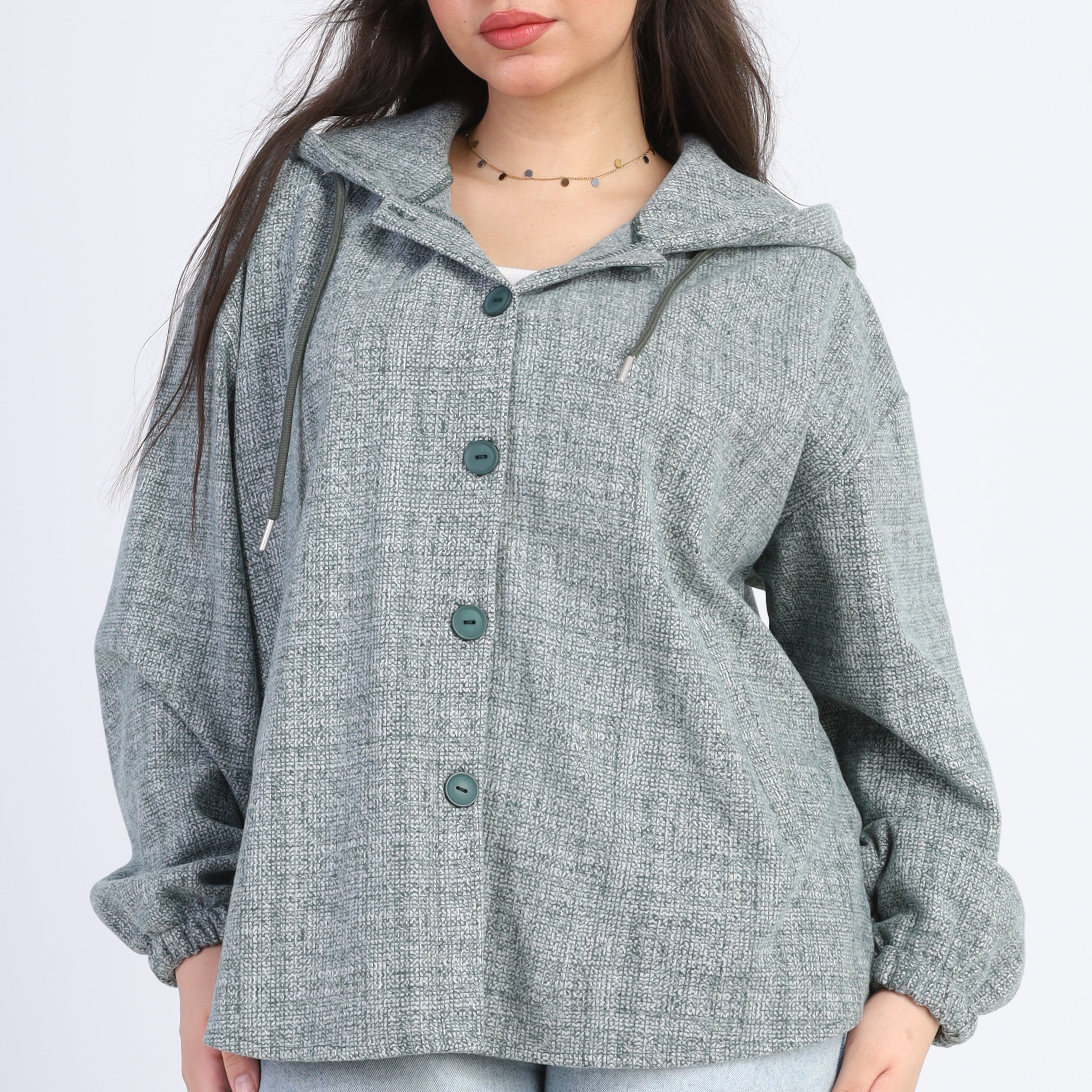 Textured Hooded Button-Up Shirt  w163118