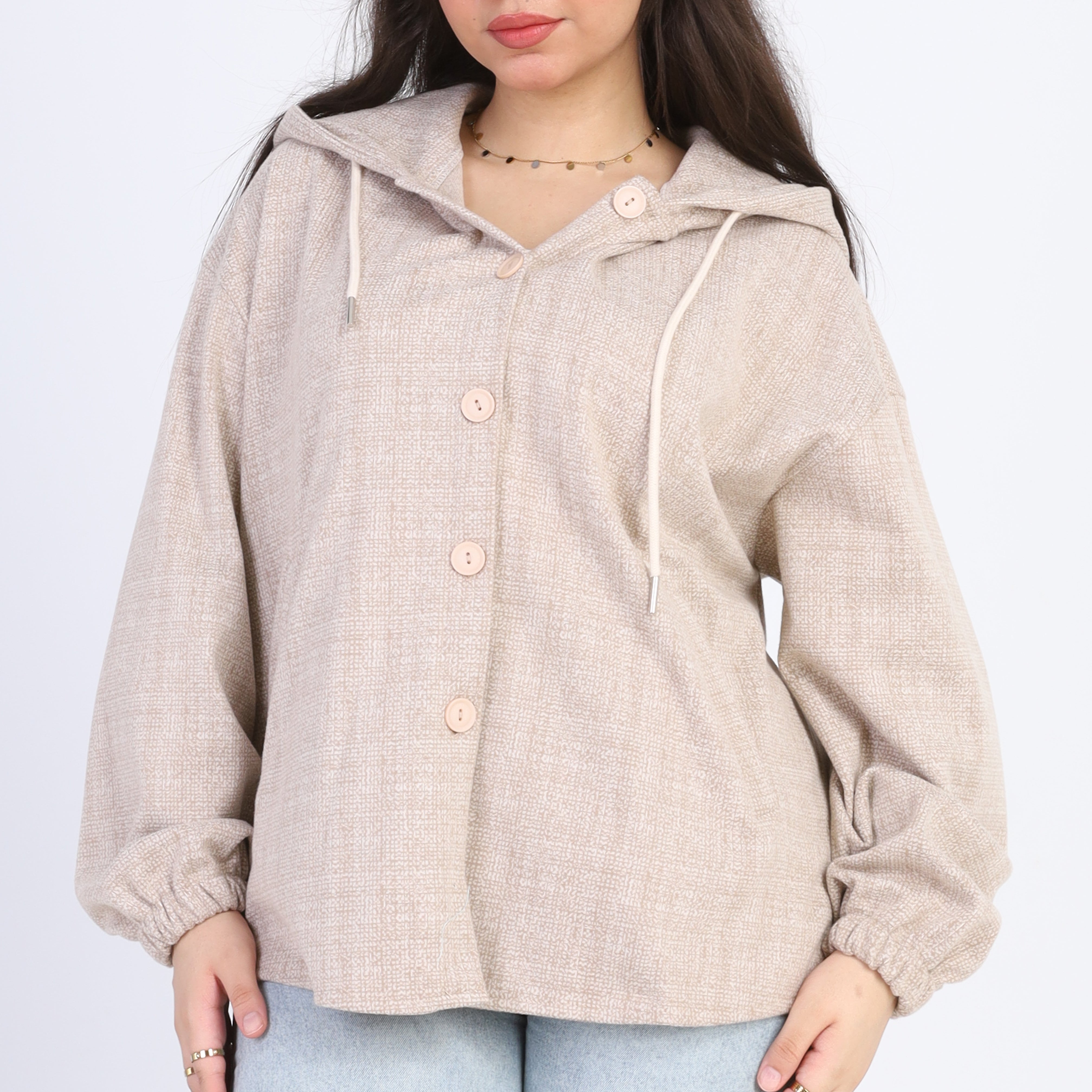 Textured Hooded Button-Up Shirt  w163118