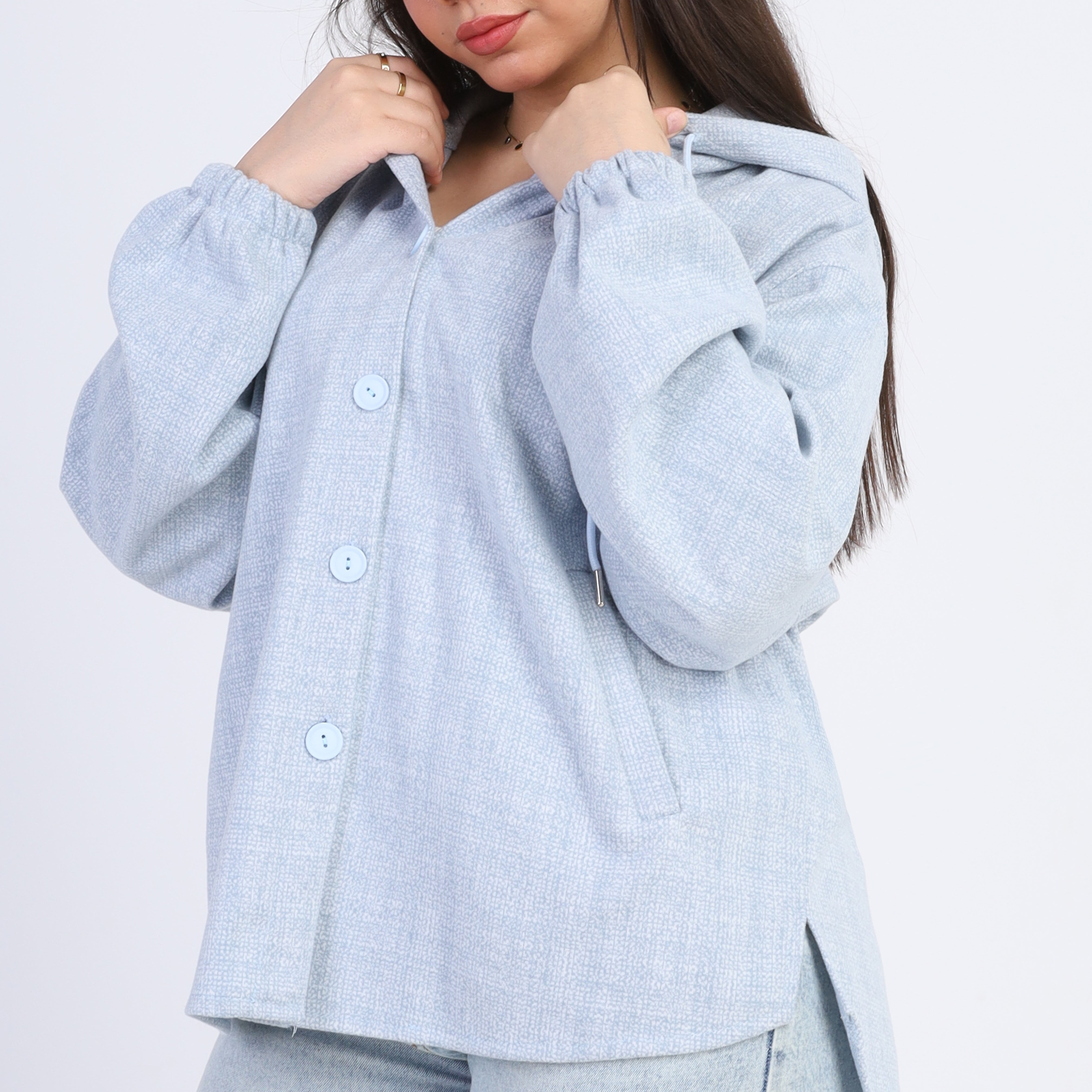 Textured Hooded Button-Up Shirt  w163118