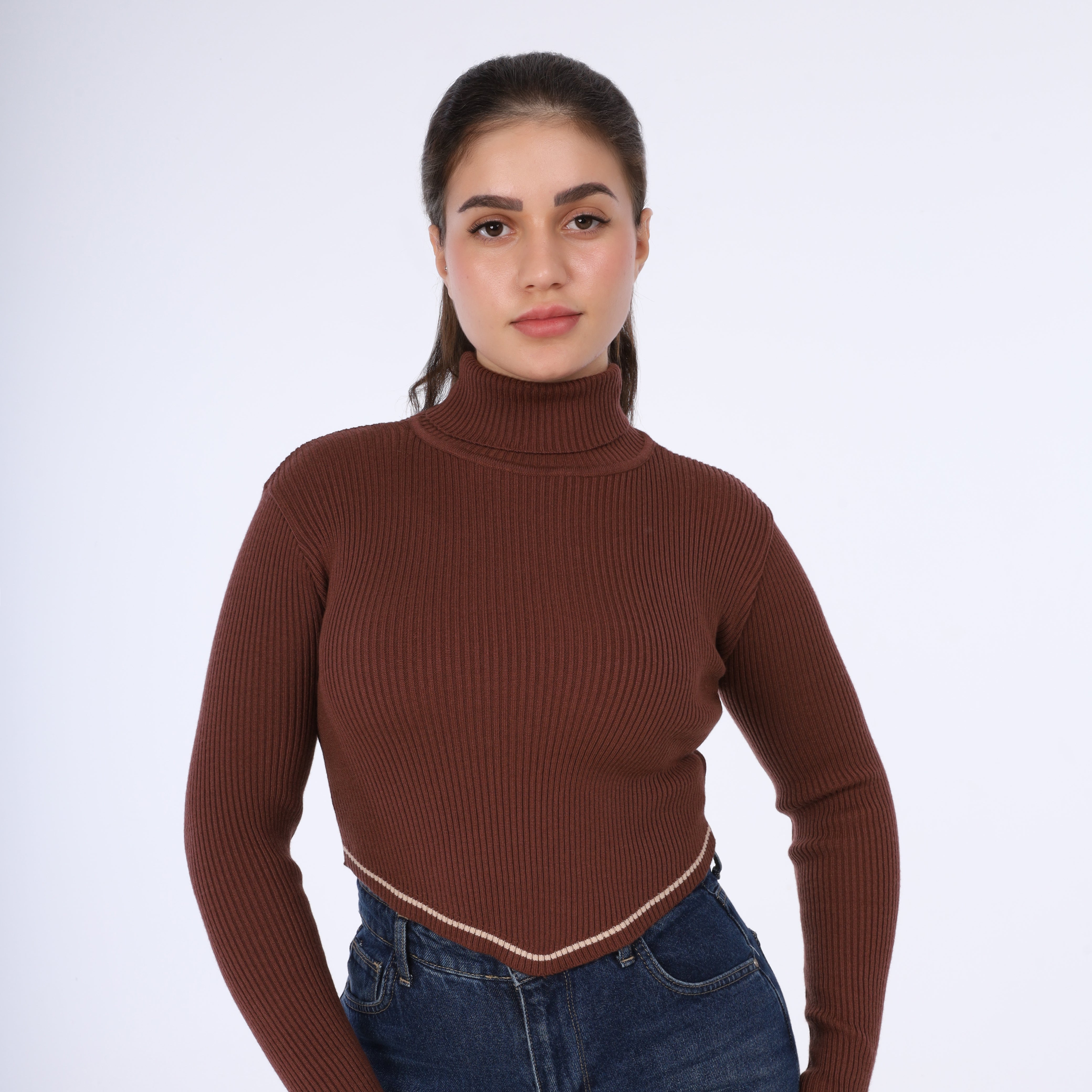 Asymmetrical Ribbed Knit Turtleneck Crop Top w16322