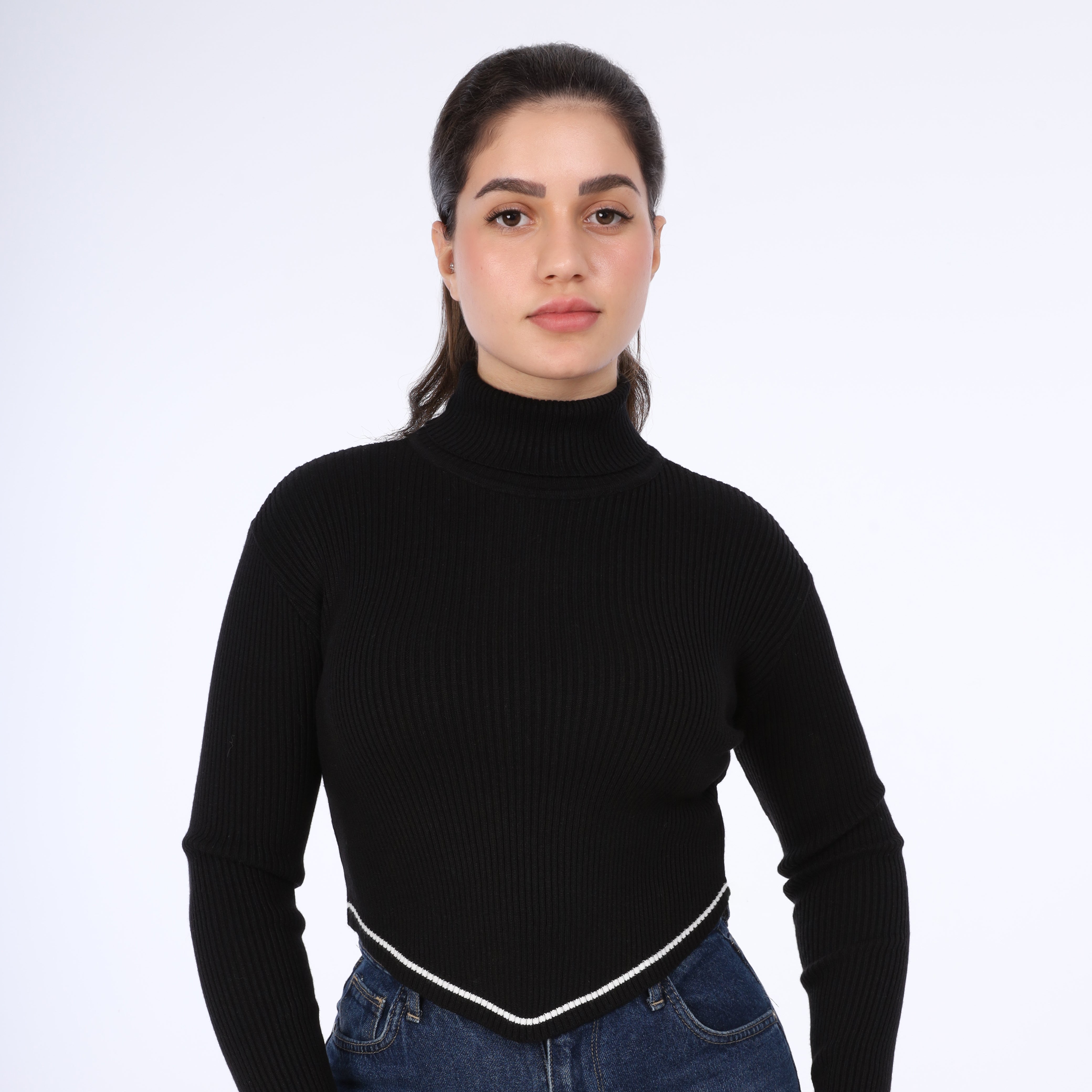Asymmetrical Ribbed Knit Turtleneck Crop Top w16322