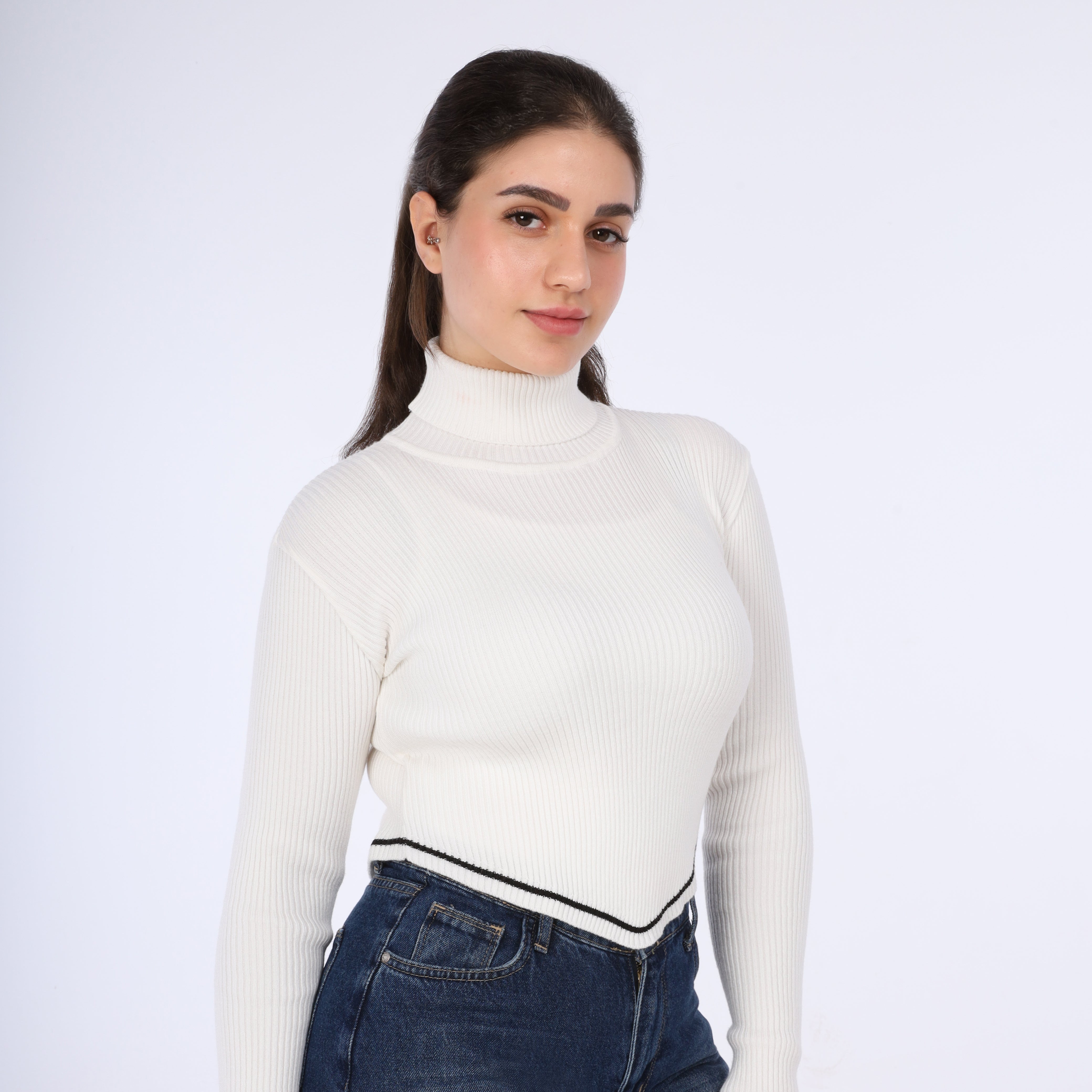 Asymmetrical Ribbed Knit Turtleneck Crop Top w16322
