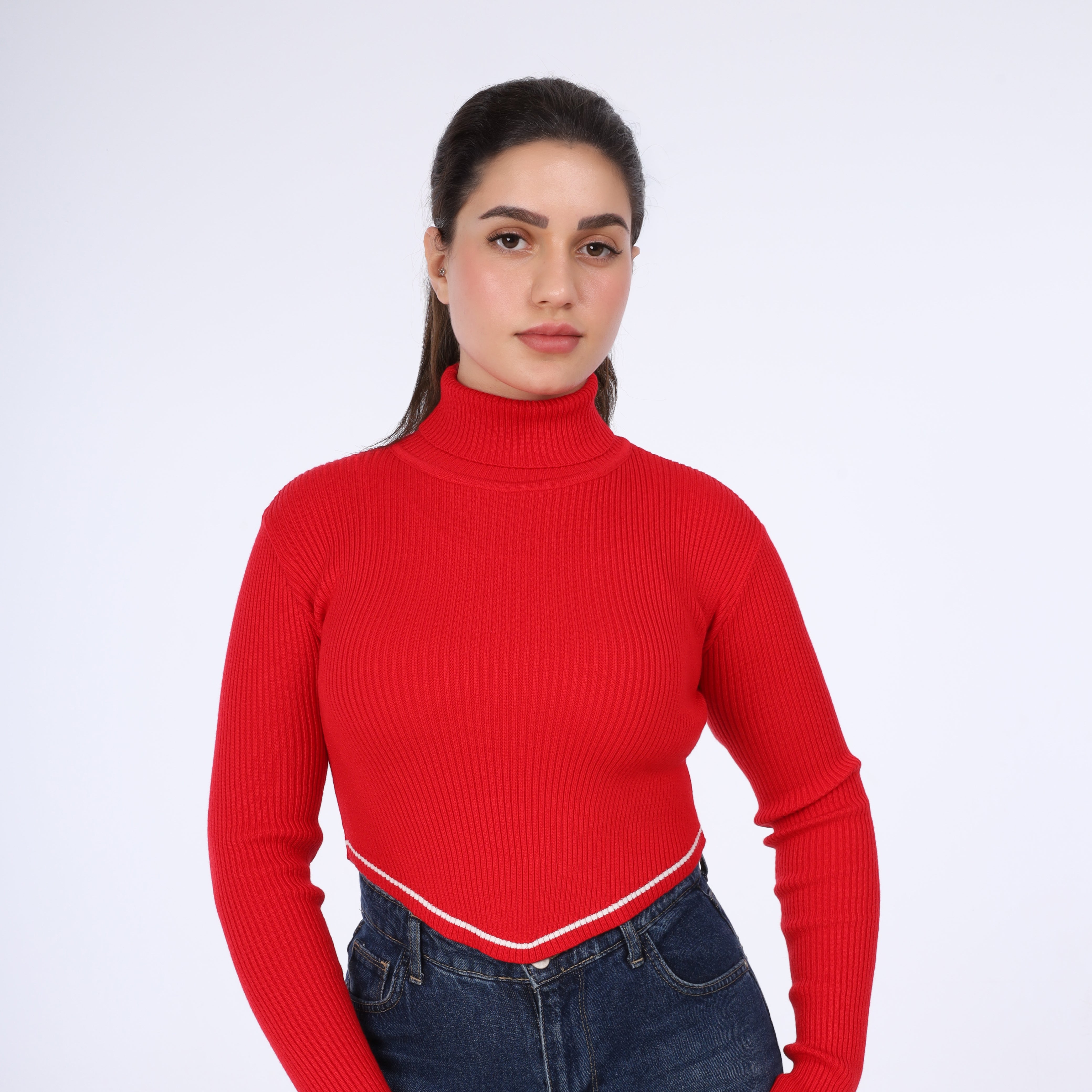 Asymmetrical Ribbed Knit Turtleneck Crop Top w16322