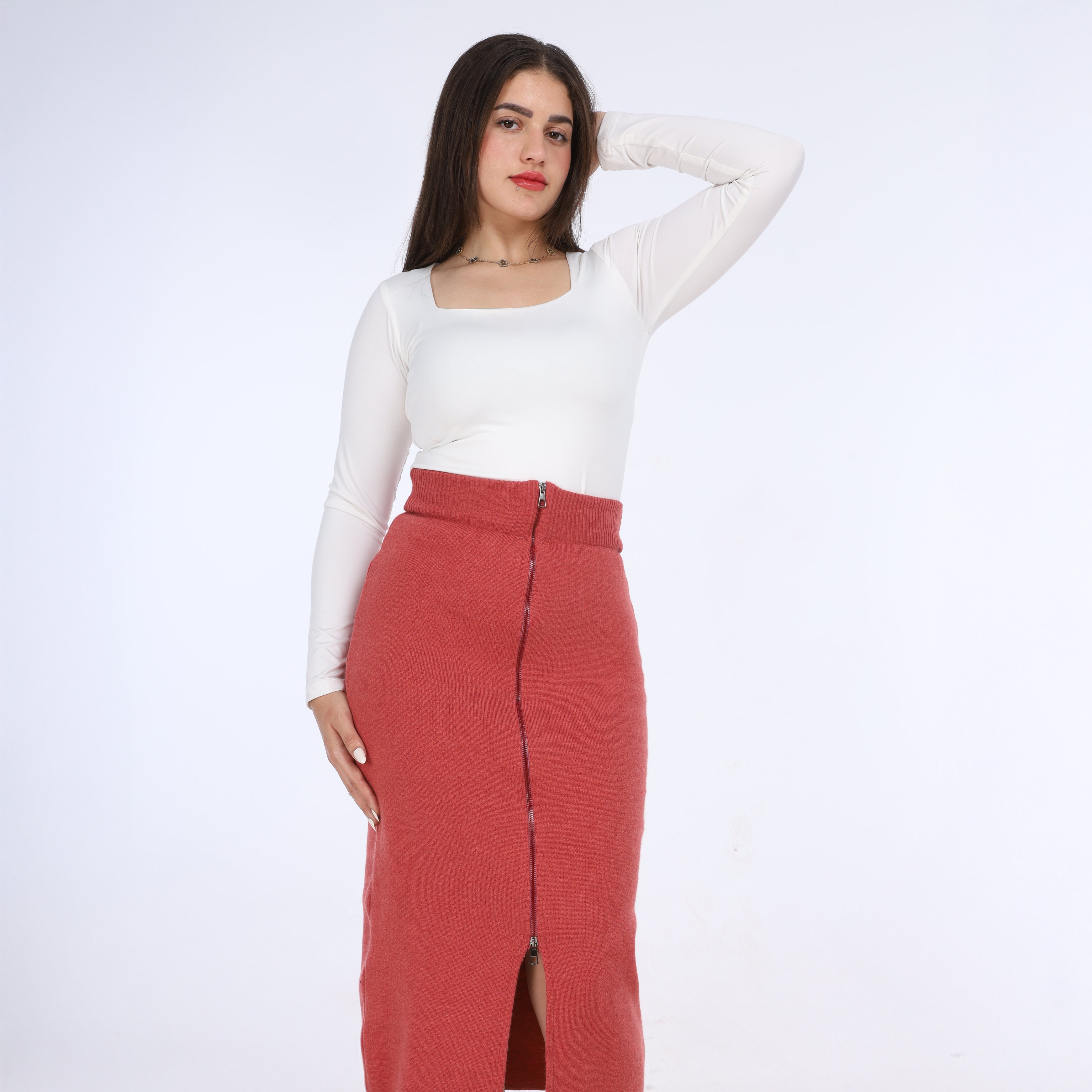 Zipper Front Knit Midi Skirt w163260