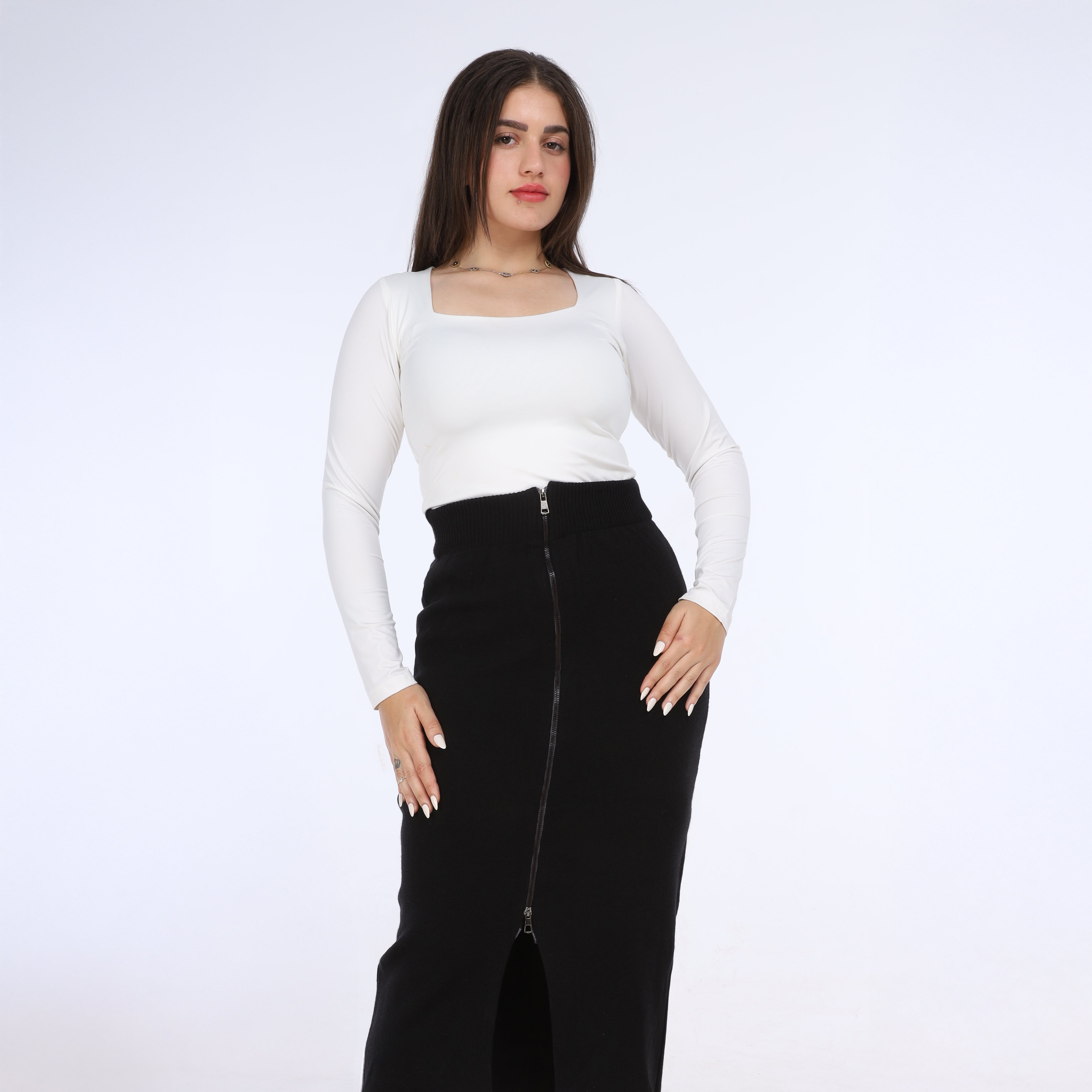 Zipper Front Knit Midi Skirt w163260