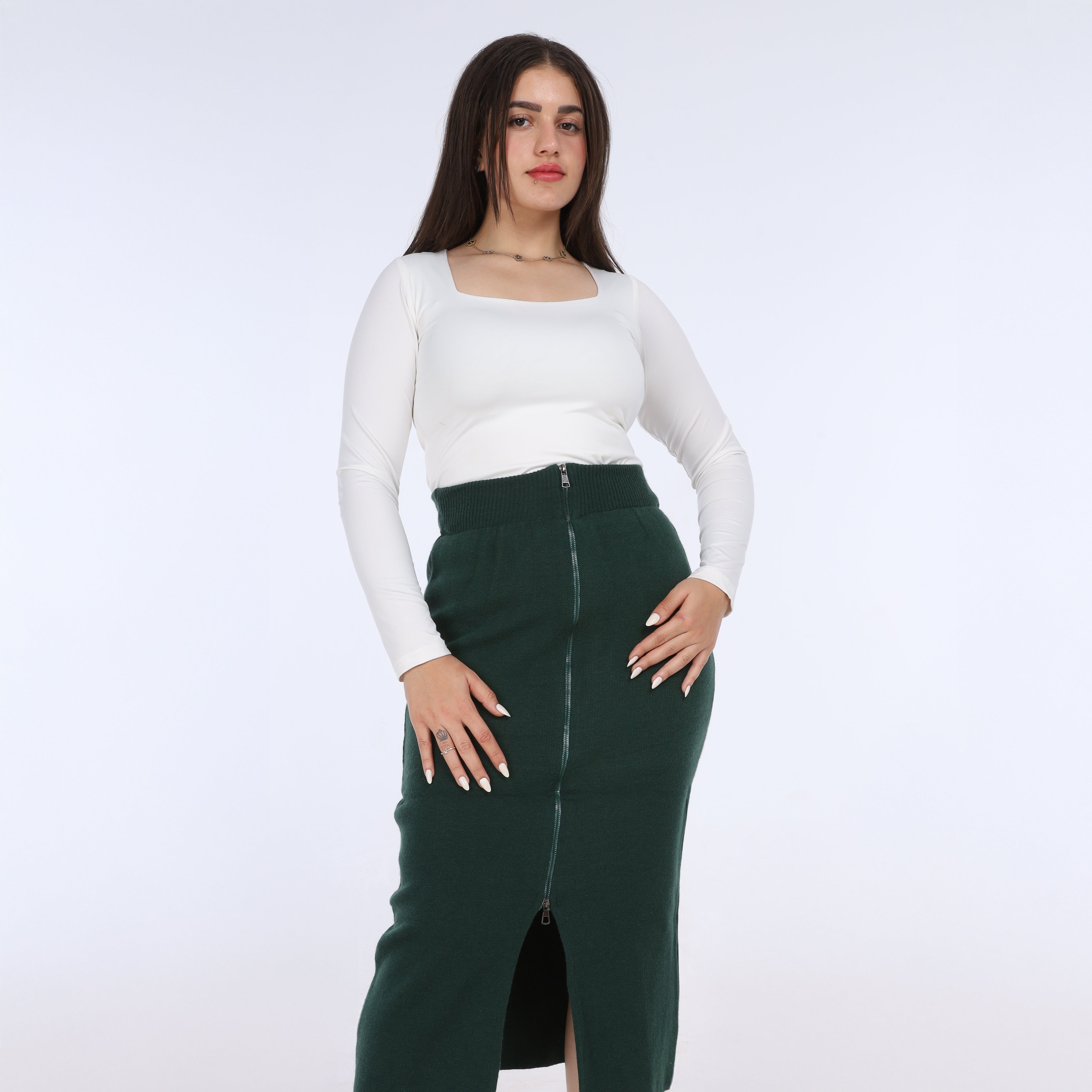 Zipper Front Knit Midi Skirt w163260