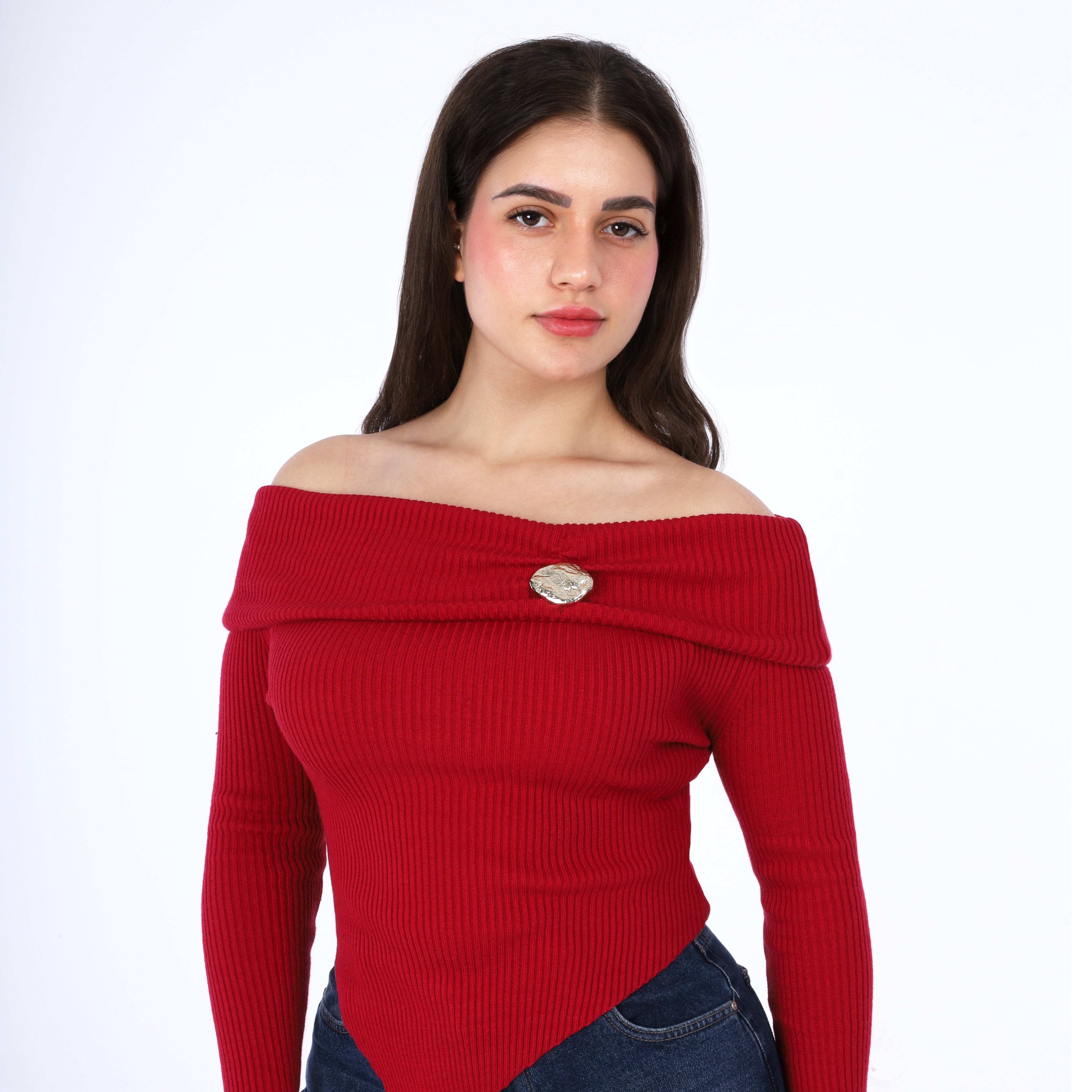 Ribbed Off-Shoulder Asymmetric Top w16326