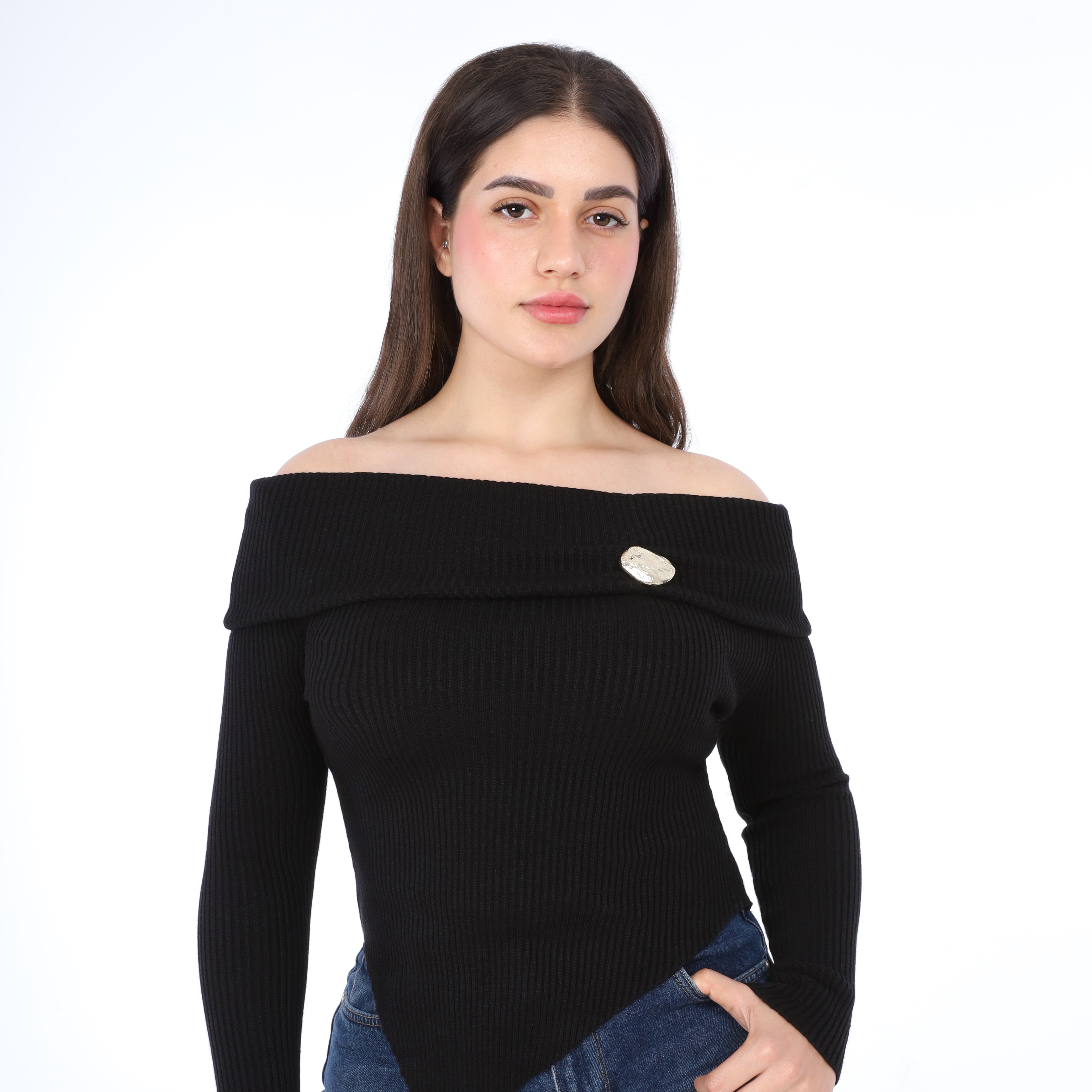 Ribbed Off-Shoulder Asymmetric Top w16326
