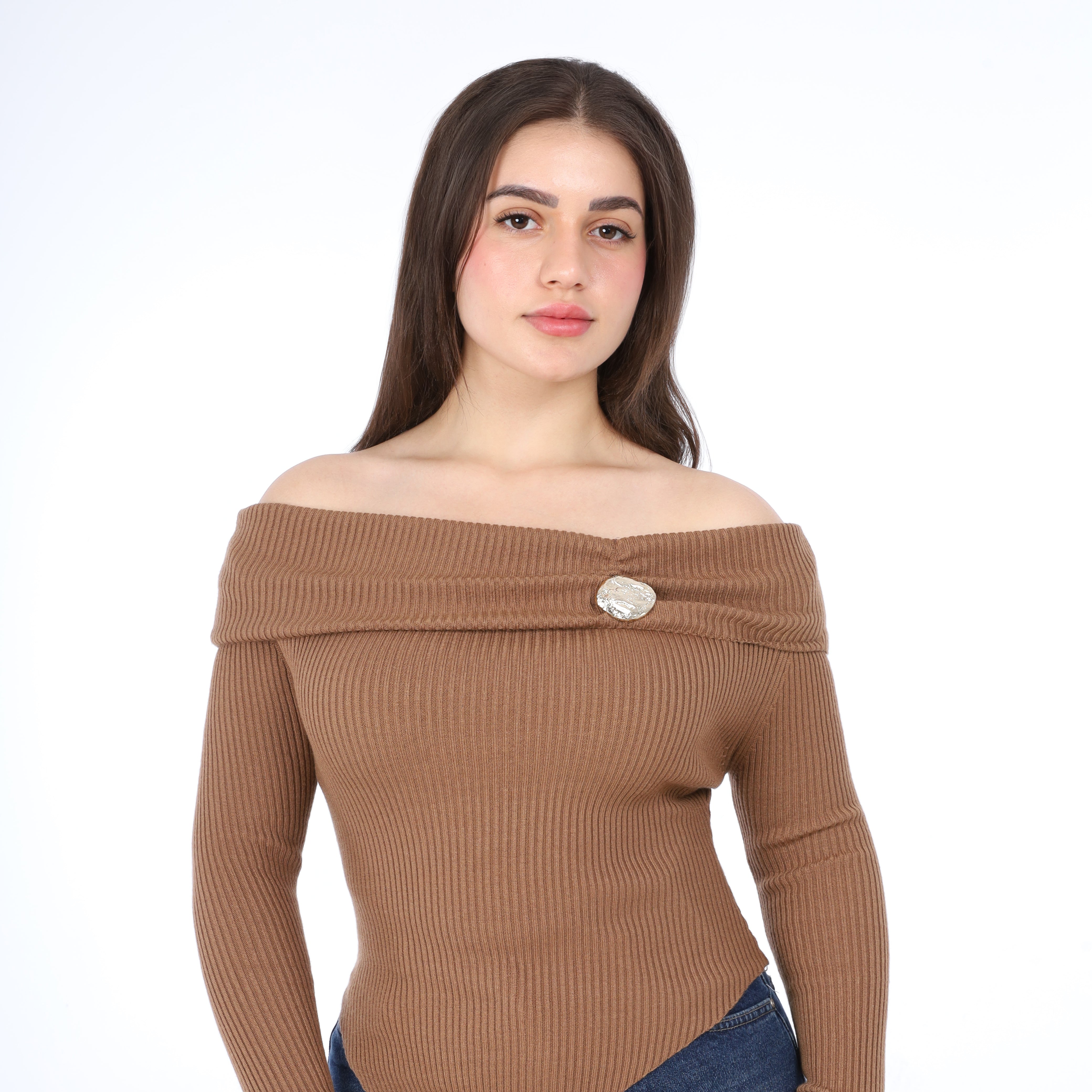 Ribbed Off-Shoulder Asymmetric Top w16326