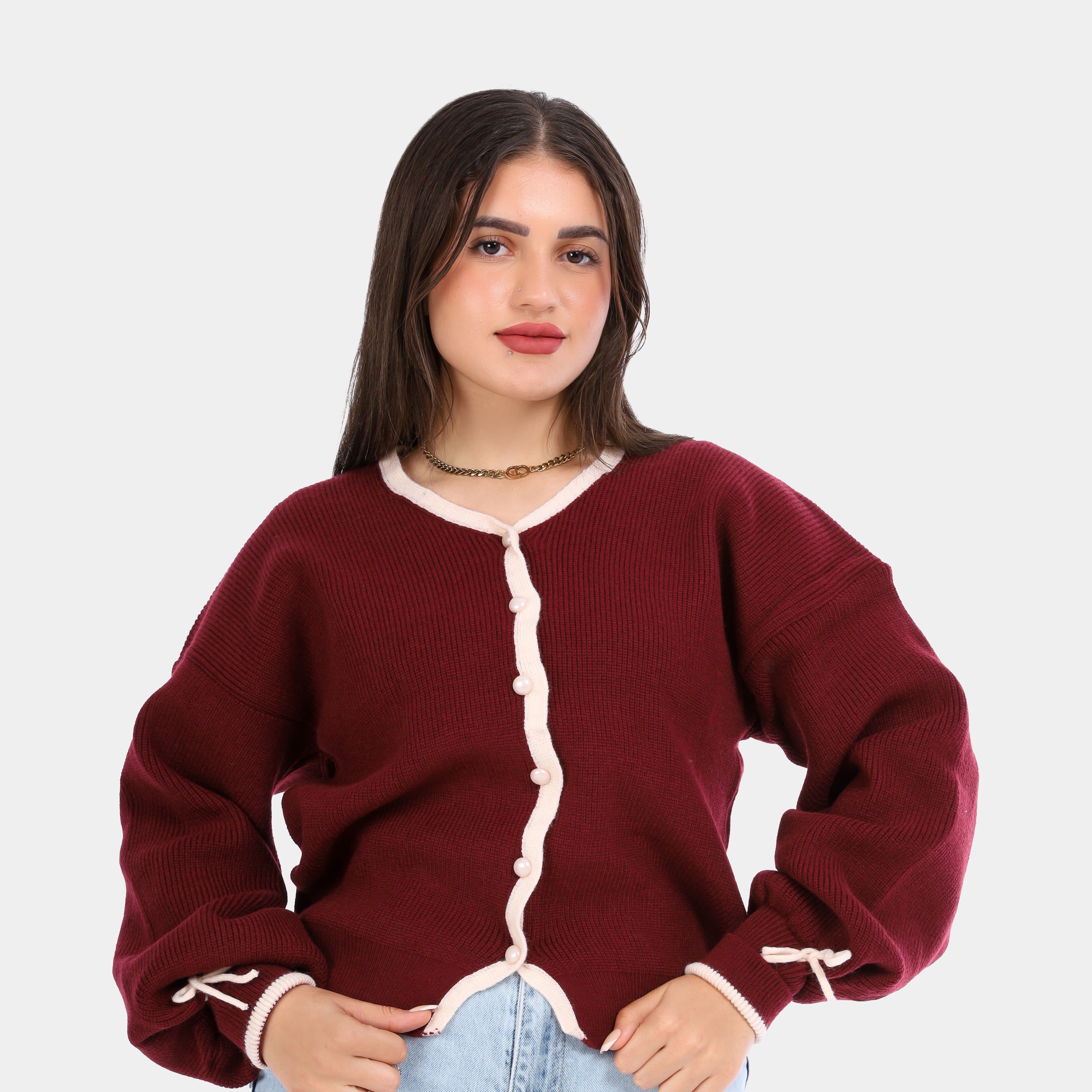 كارديجان محبوك بحواف متباينة وأكمام برباط w163273