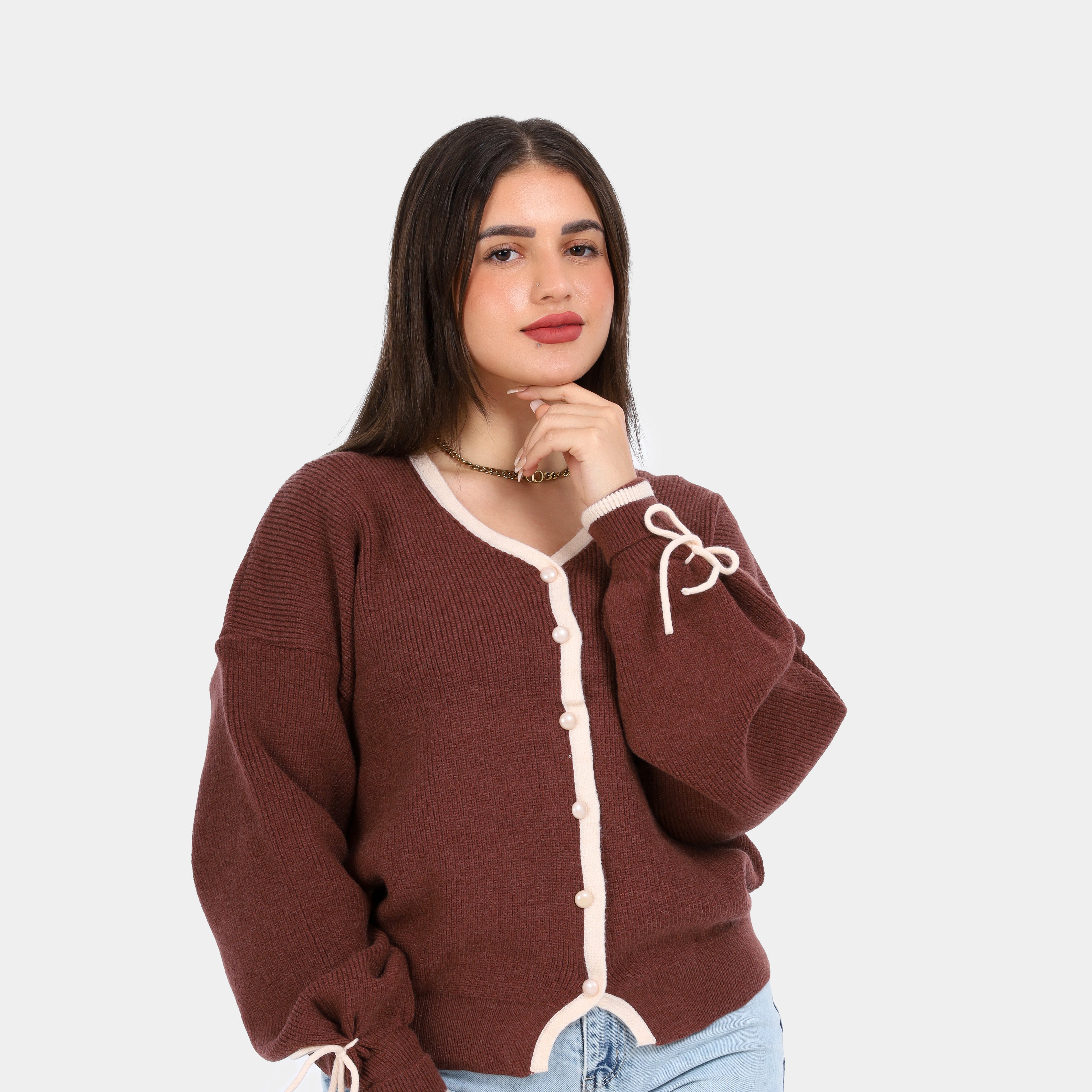 كارديجان محبوك بحواف متباينة وأكمام برباط w163273