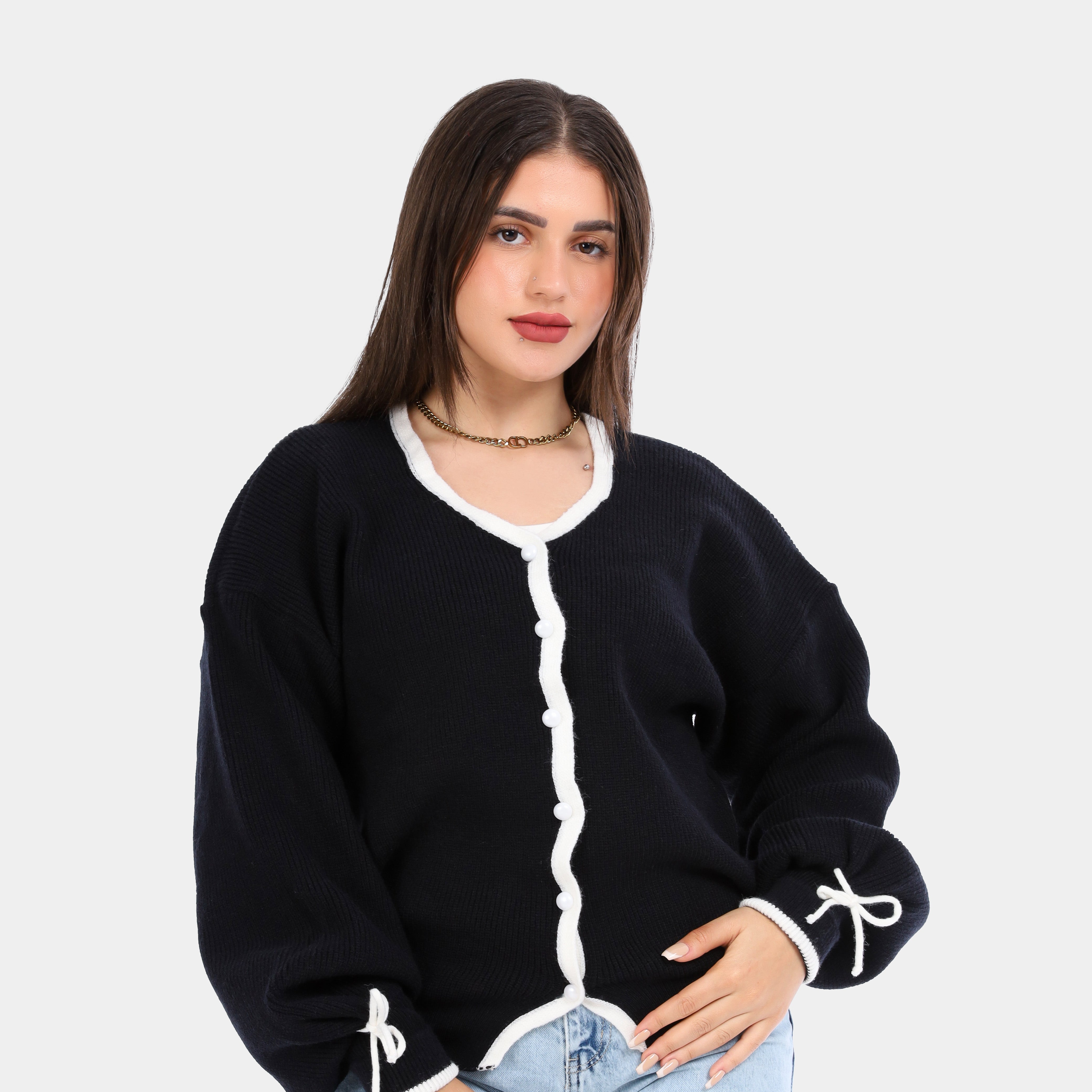 كارديجان محبوك بحواف متباينة وأكمام برباط w163273