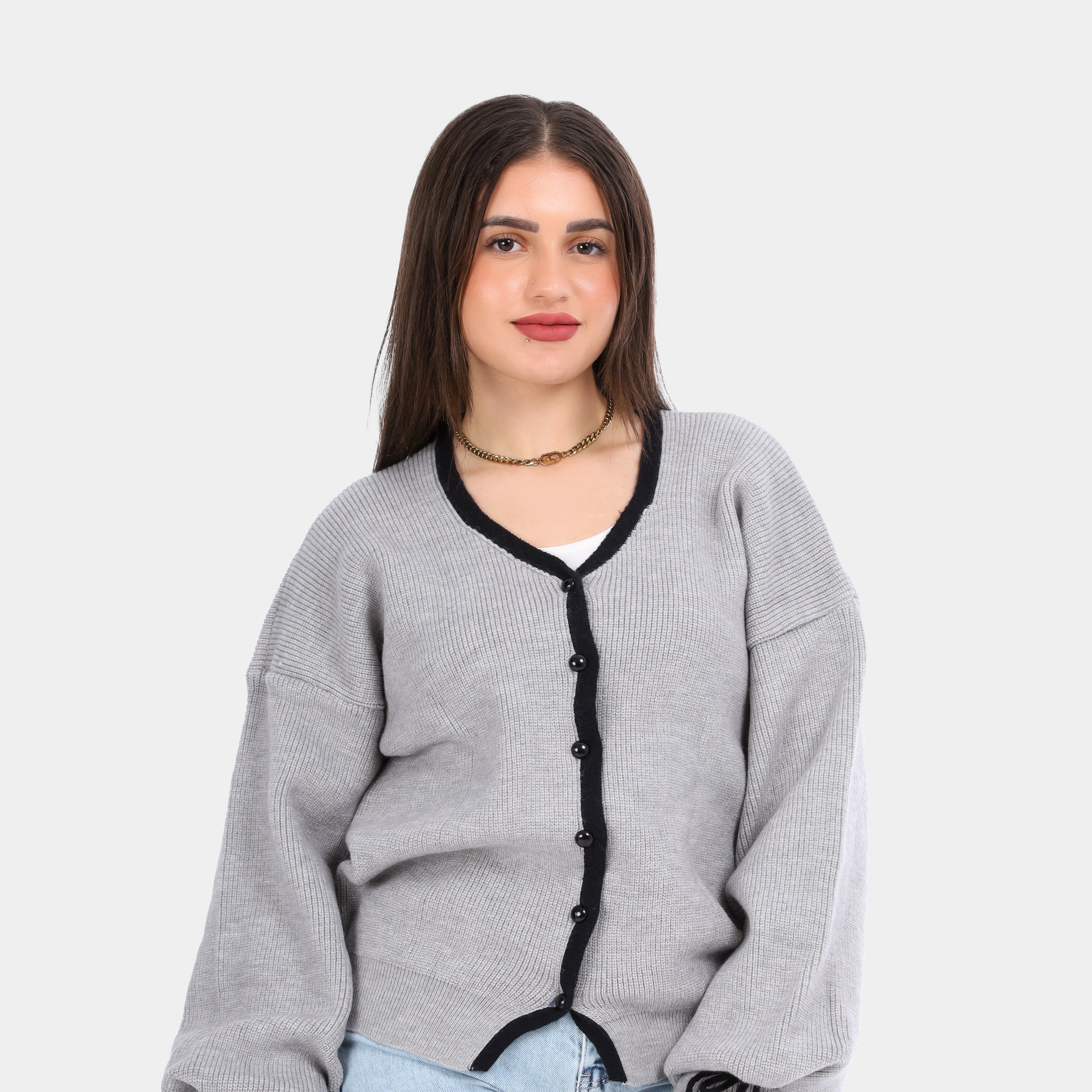 كارديجان محبوك بحواف متباينة وأكمام برباط w163273