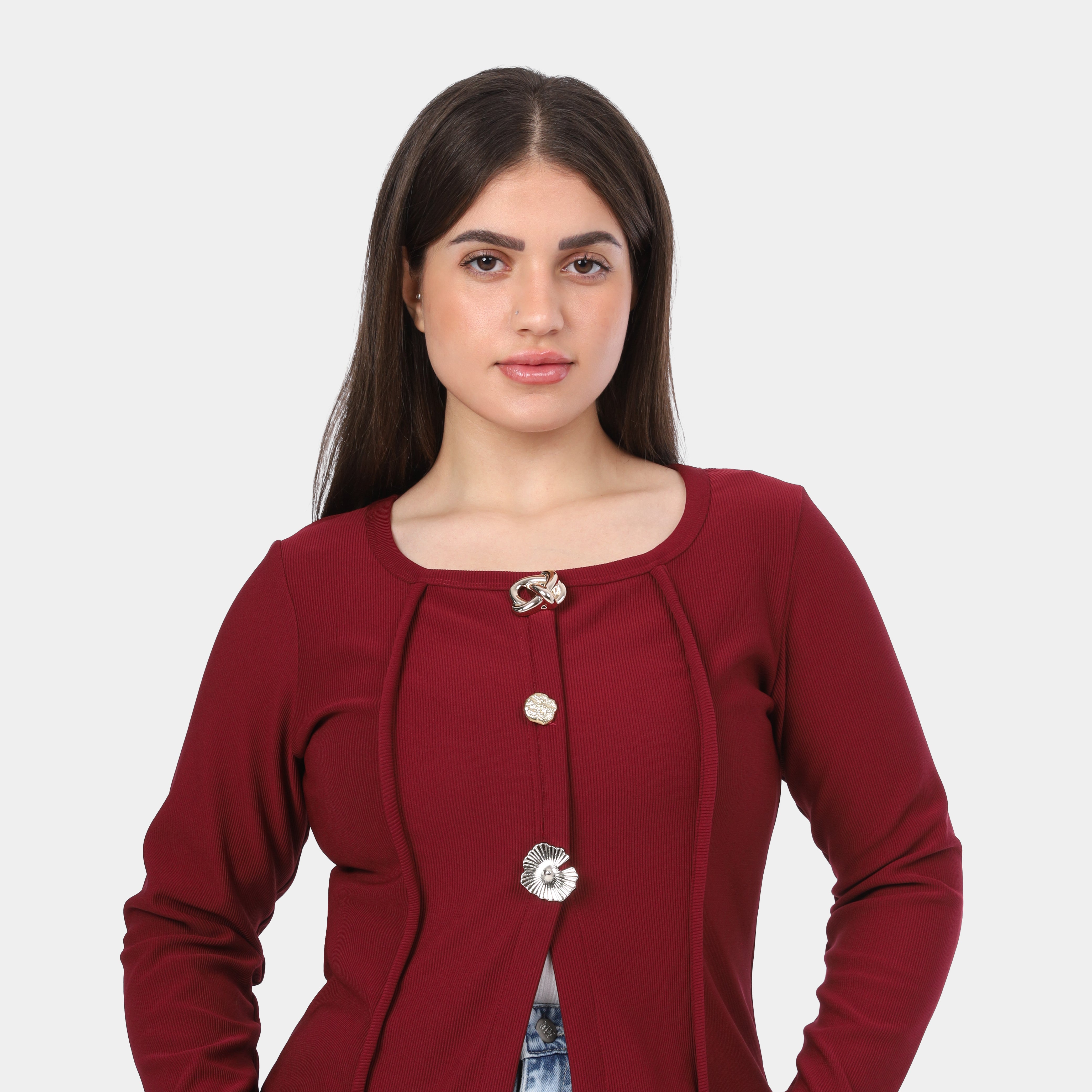 Button-Front Fitted Long Sleeve Top w164543