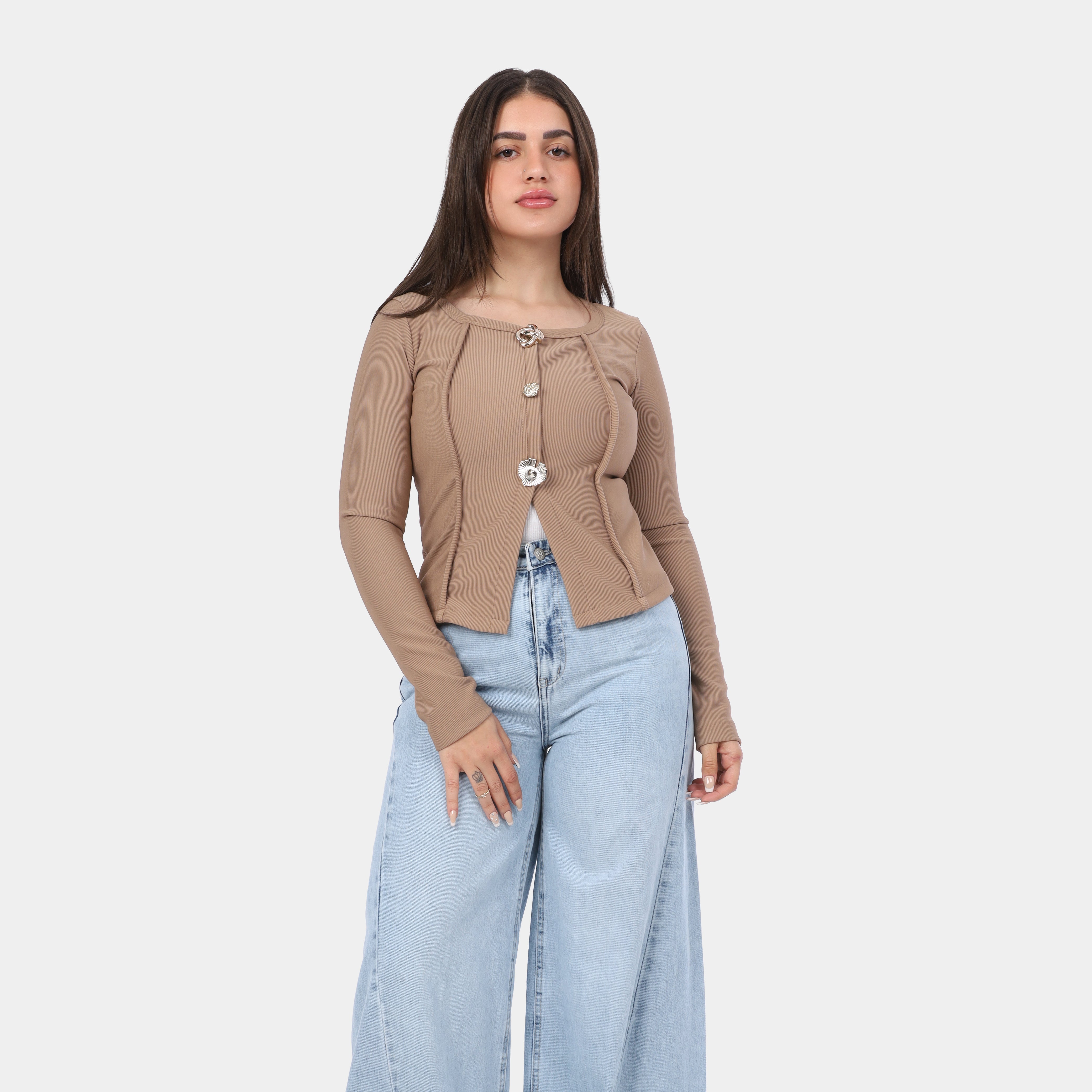 Button-Front Fitted Long Sleeve Top w164543