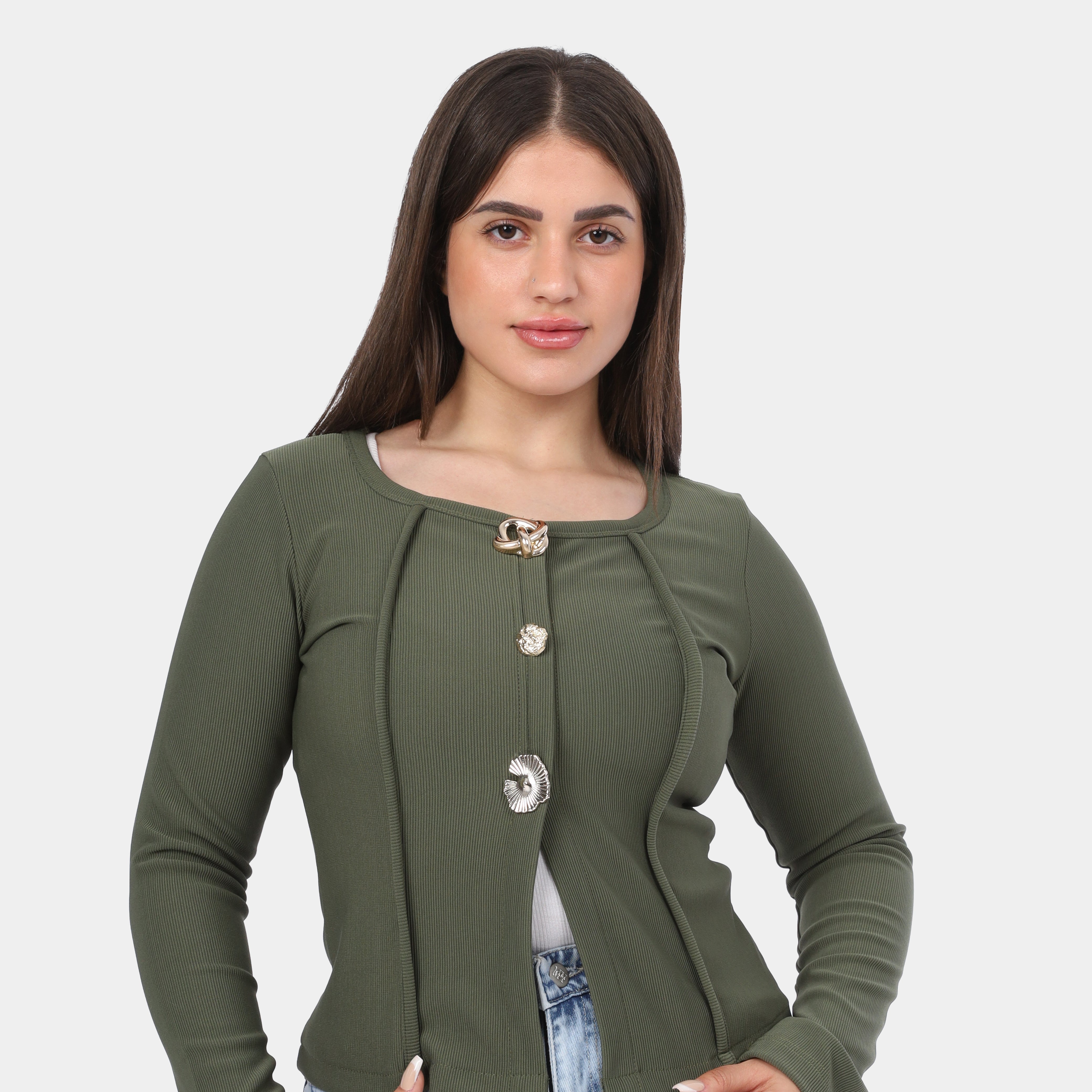 Button-Front Fitted Long Sleeve Top w164543