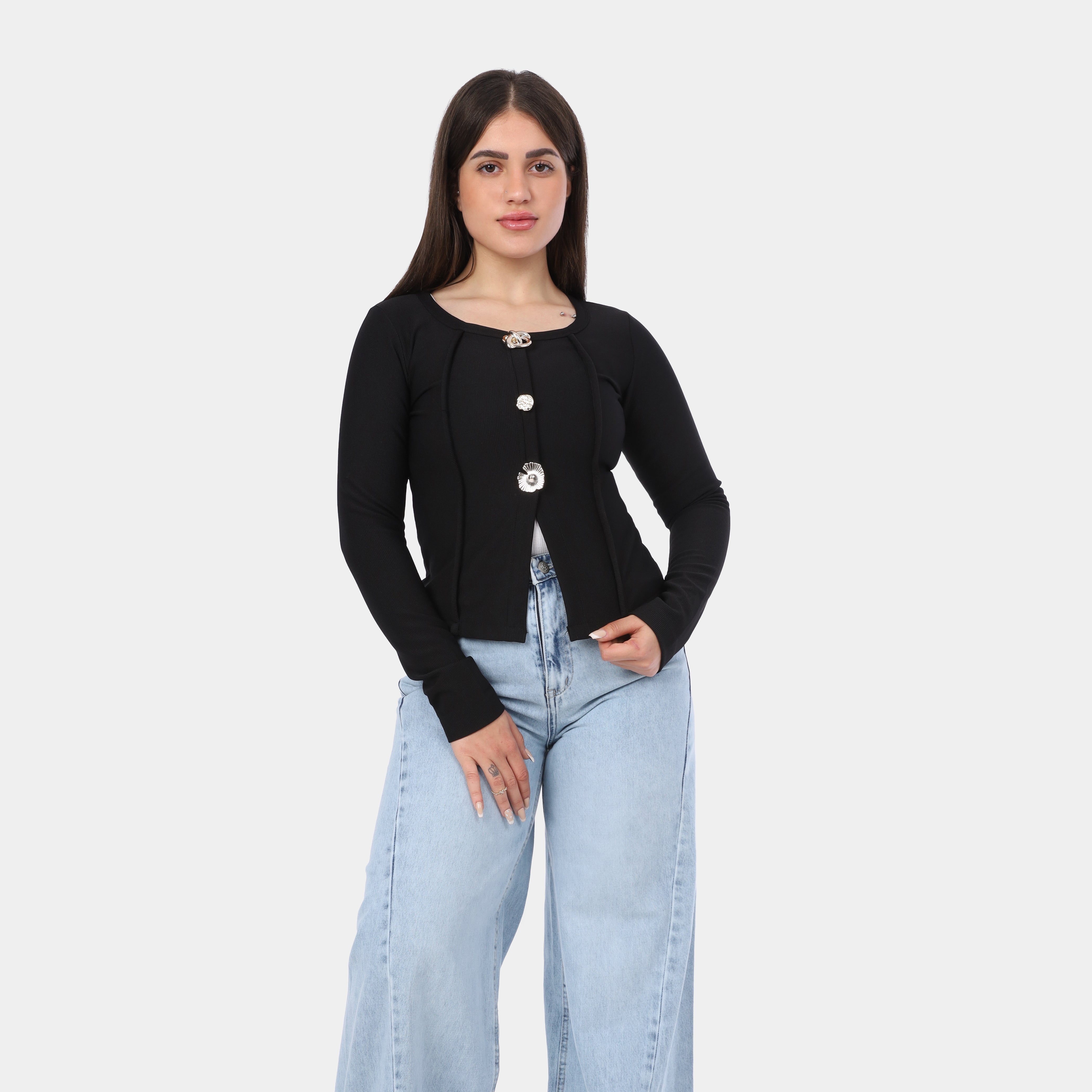 Button-Front Fitted Long Sleeve Top w164543