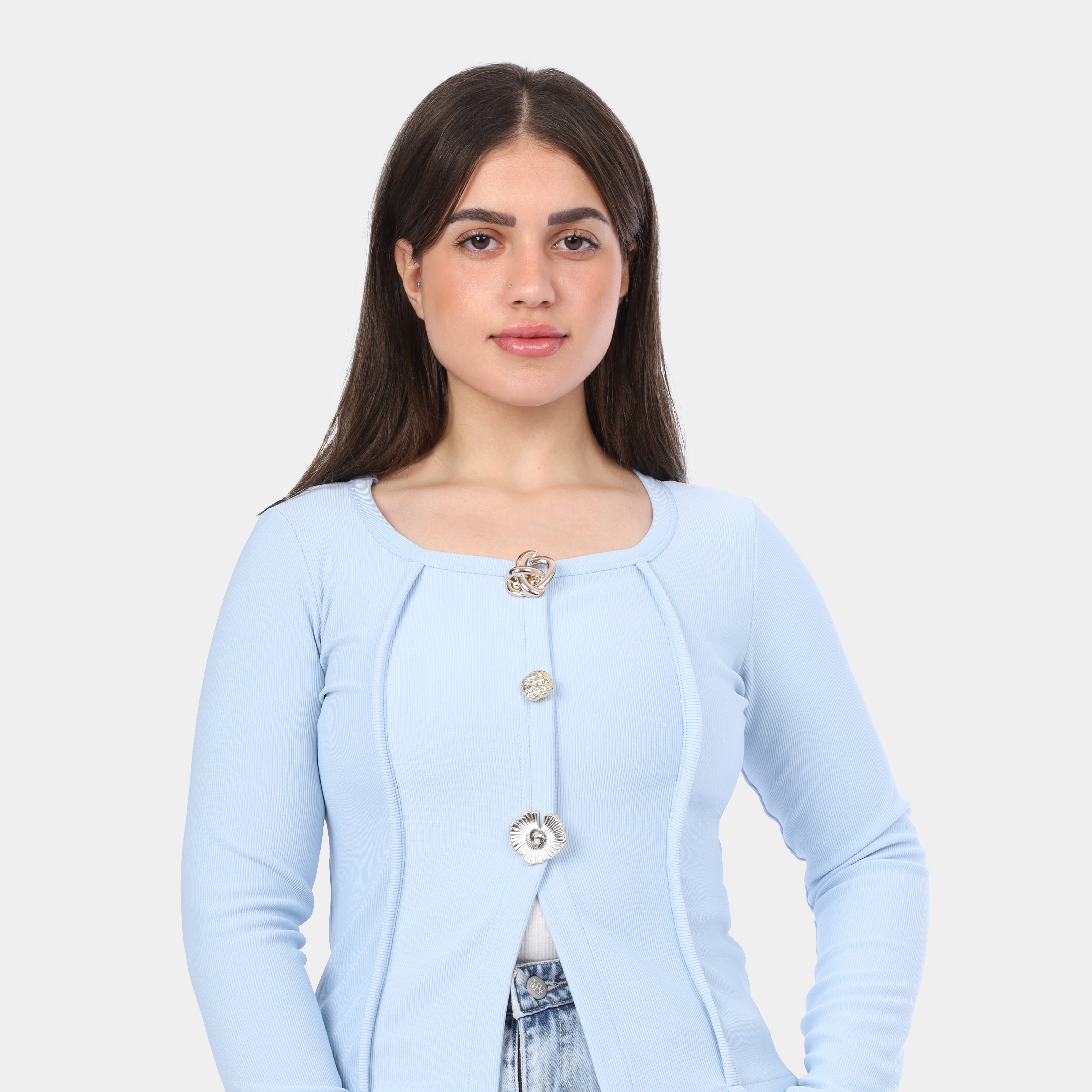 Button-Front Fitted Long Sleeve Top w164543