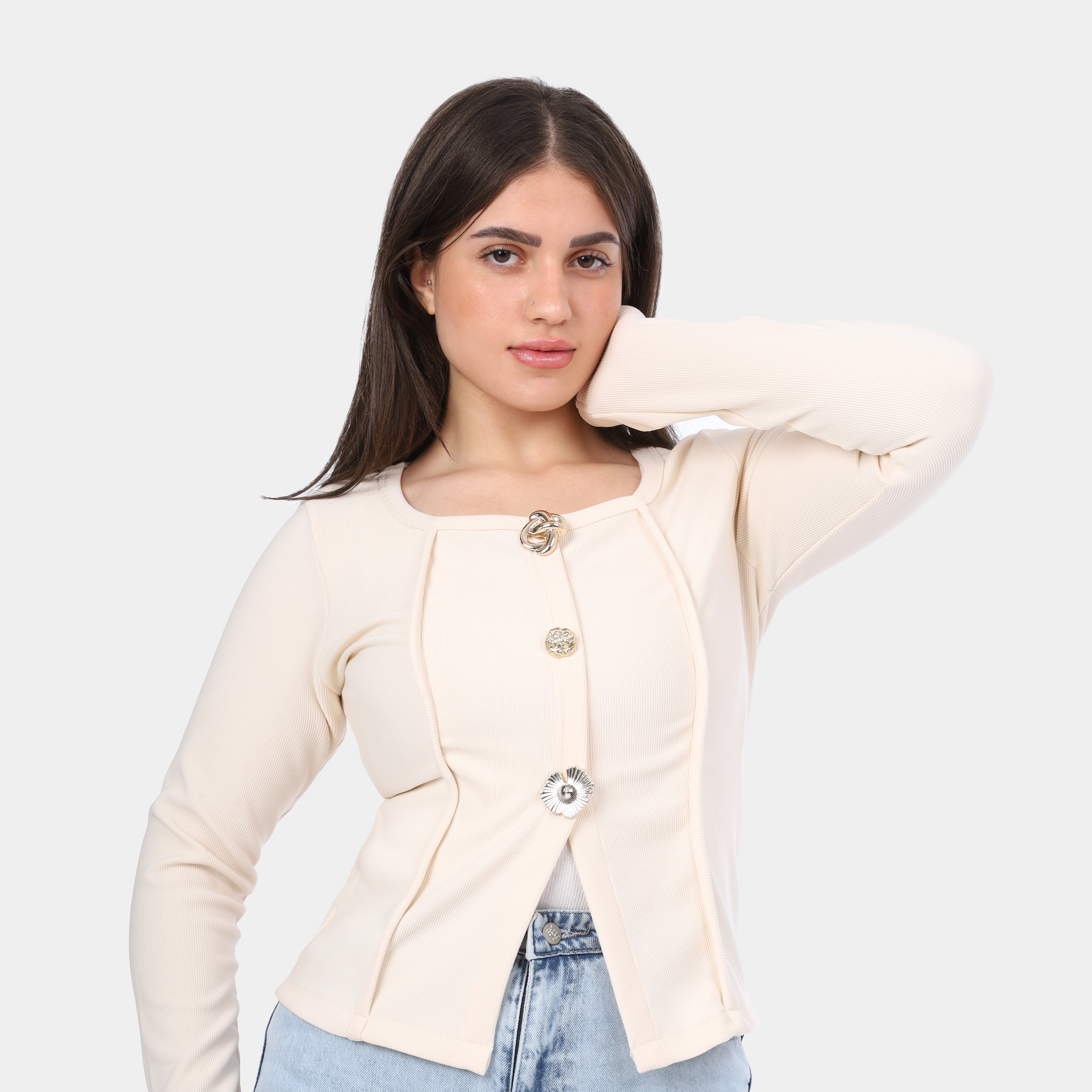 Button-Front Fitted Long Sleeve Top w164543