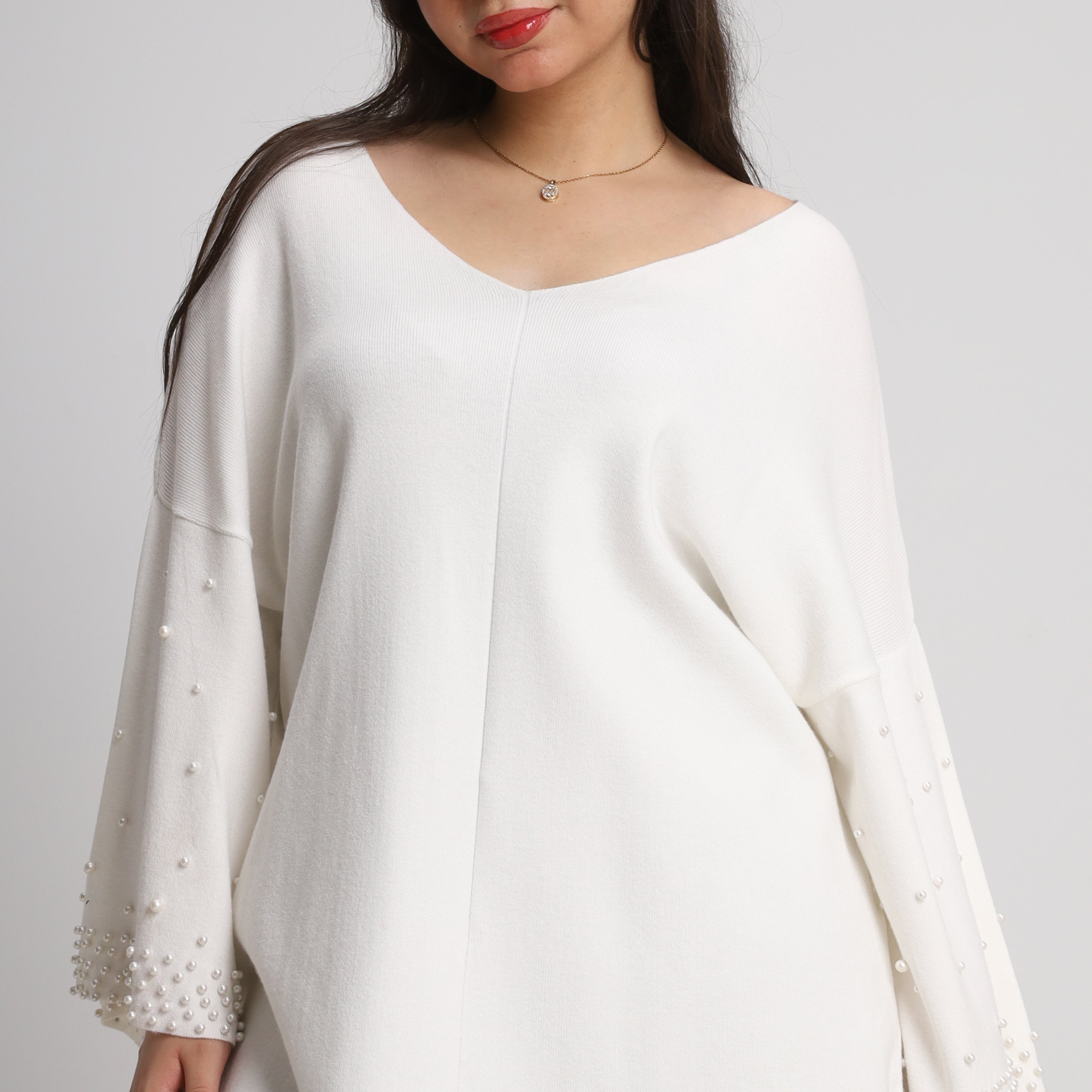 Oversized Beaded Sleeve Sweater w164678