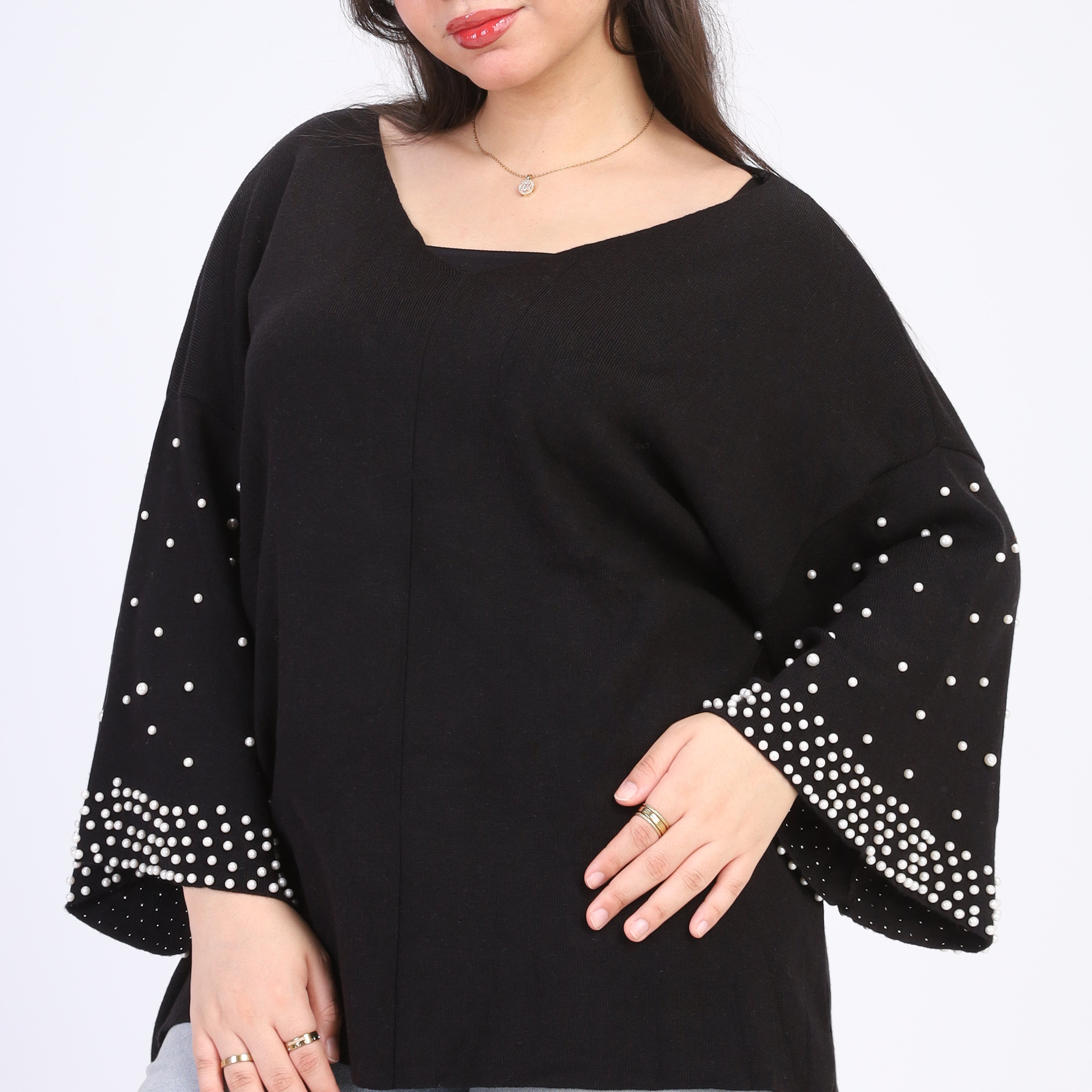 Oversized Beaded Sleeve Sweater w164678