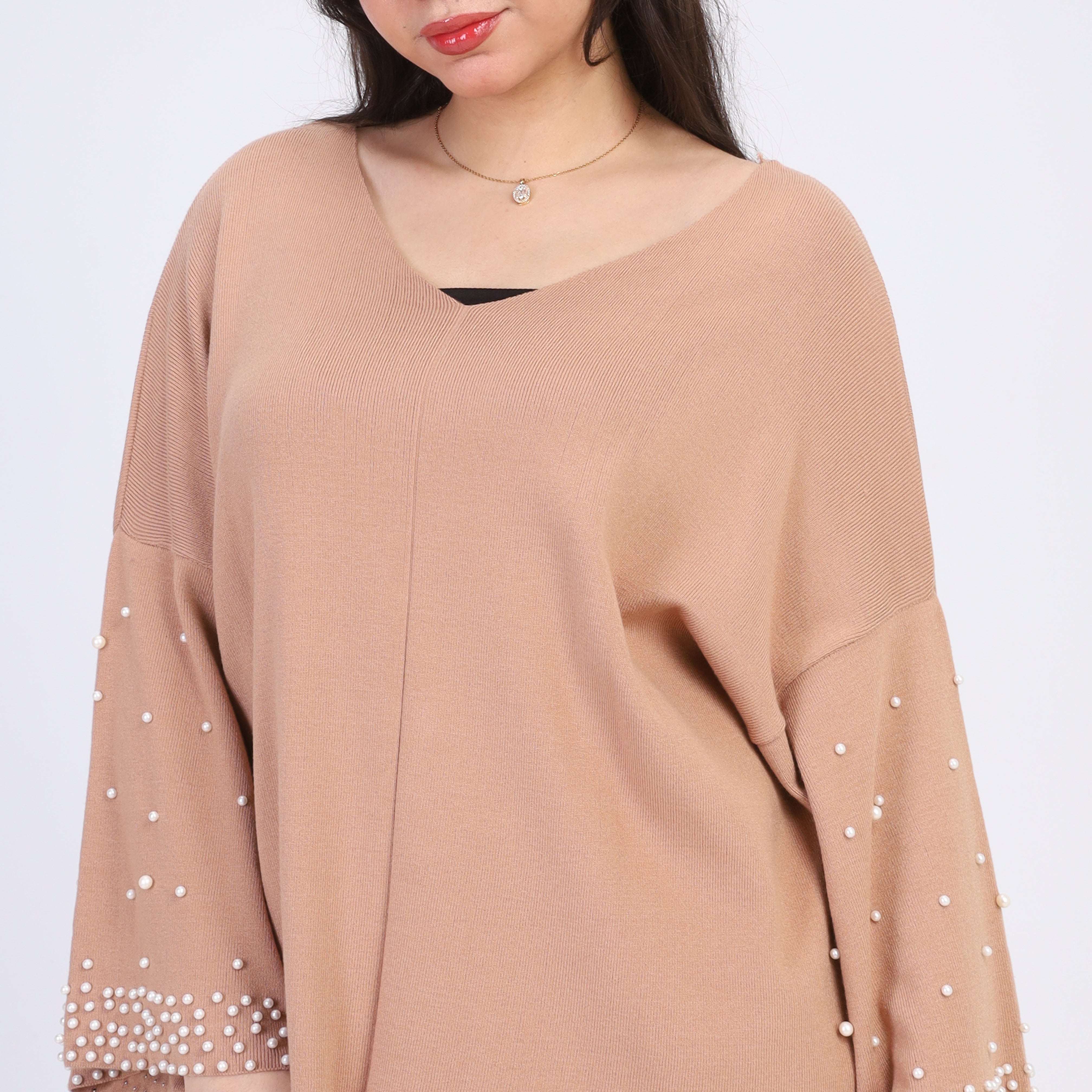 Oversized Beaded Sleeve Sweater w164678