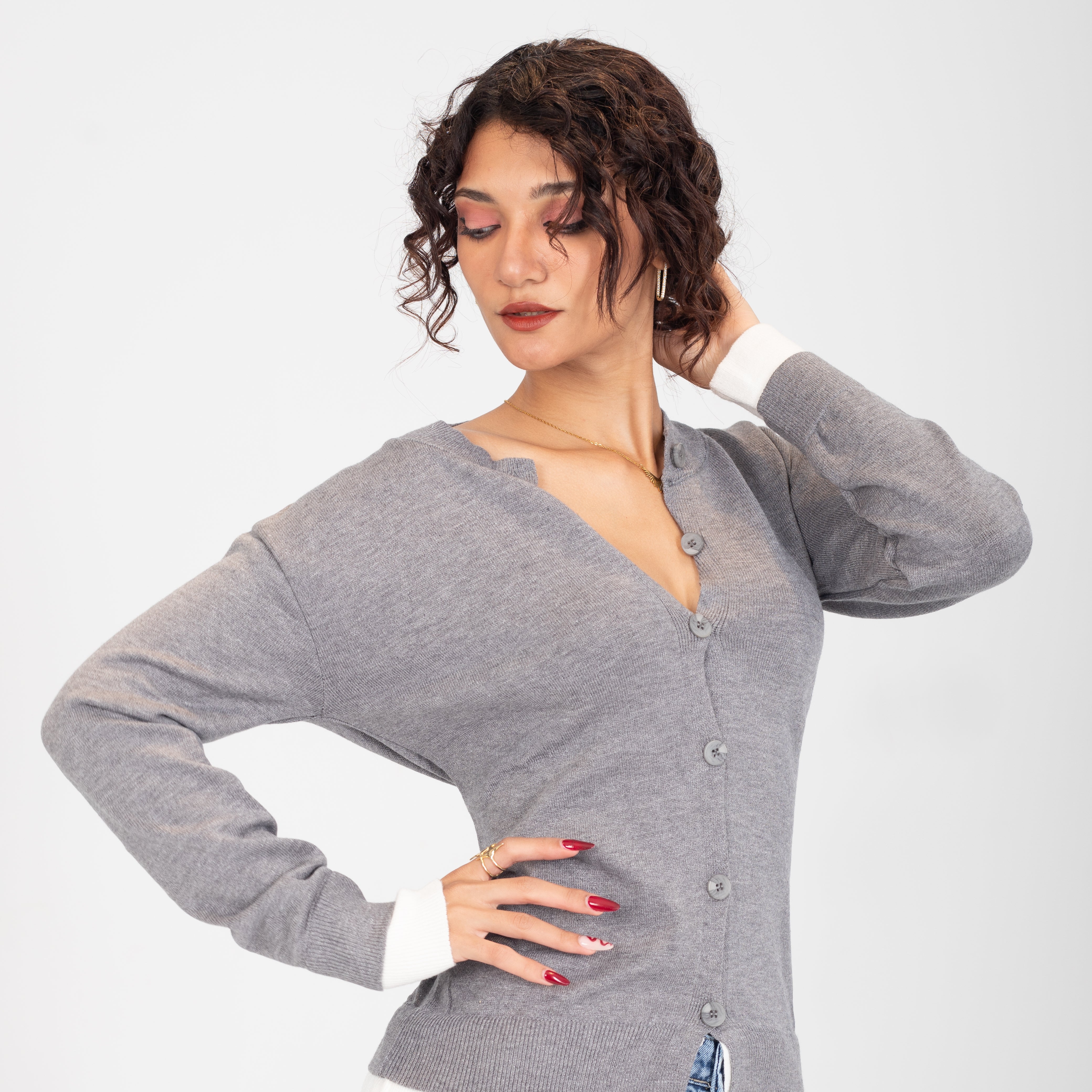 Contrast _Cuff Ribbed Cardigan w164684